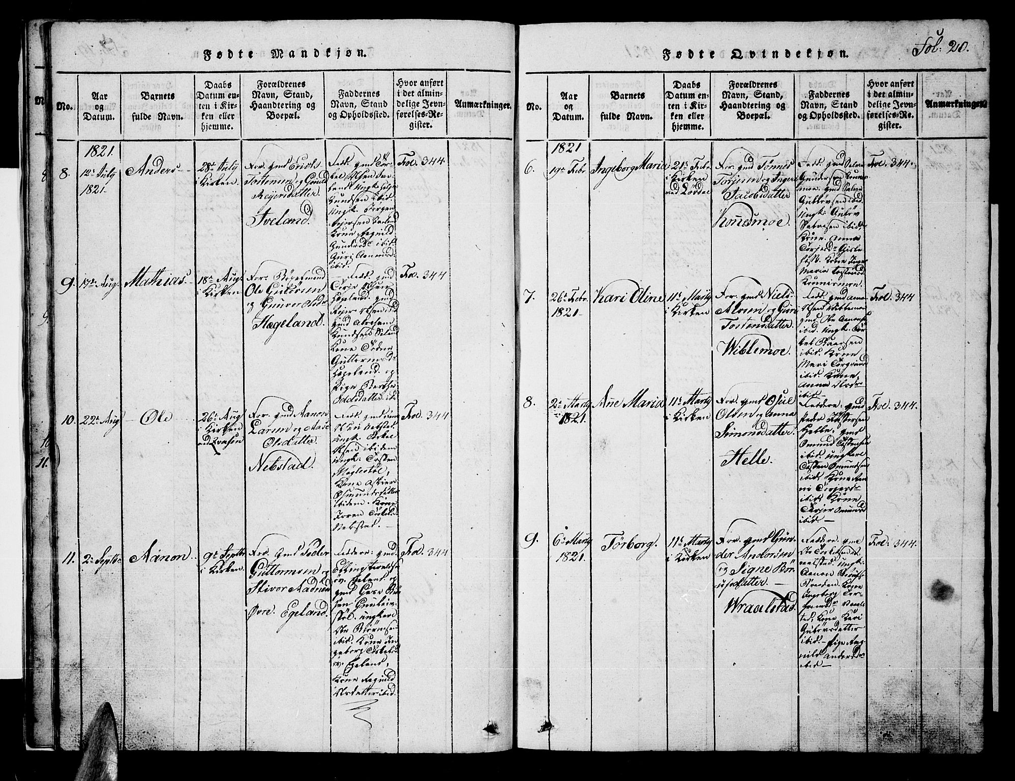 Nord-Audnedal sokneprestkontor, SAK/1111-0032/F/Fb/Fba/L0001: Parish register (copy) no. B 1, 1815-1856, p. 20