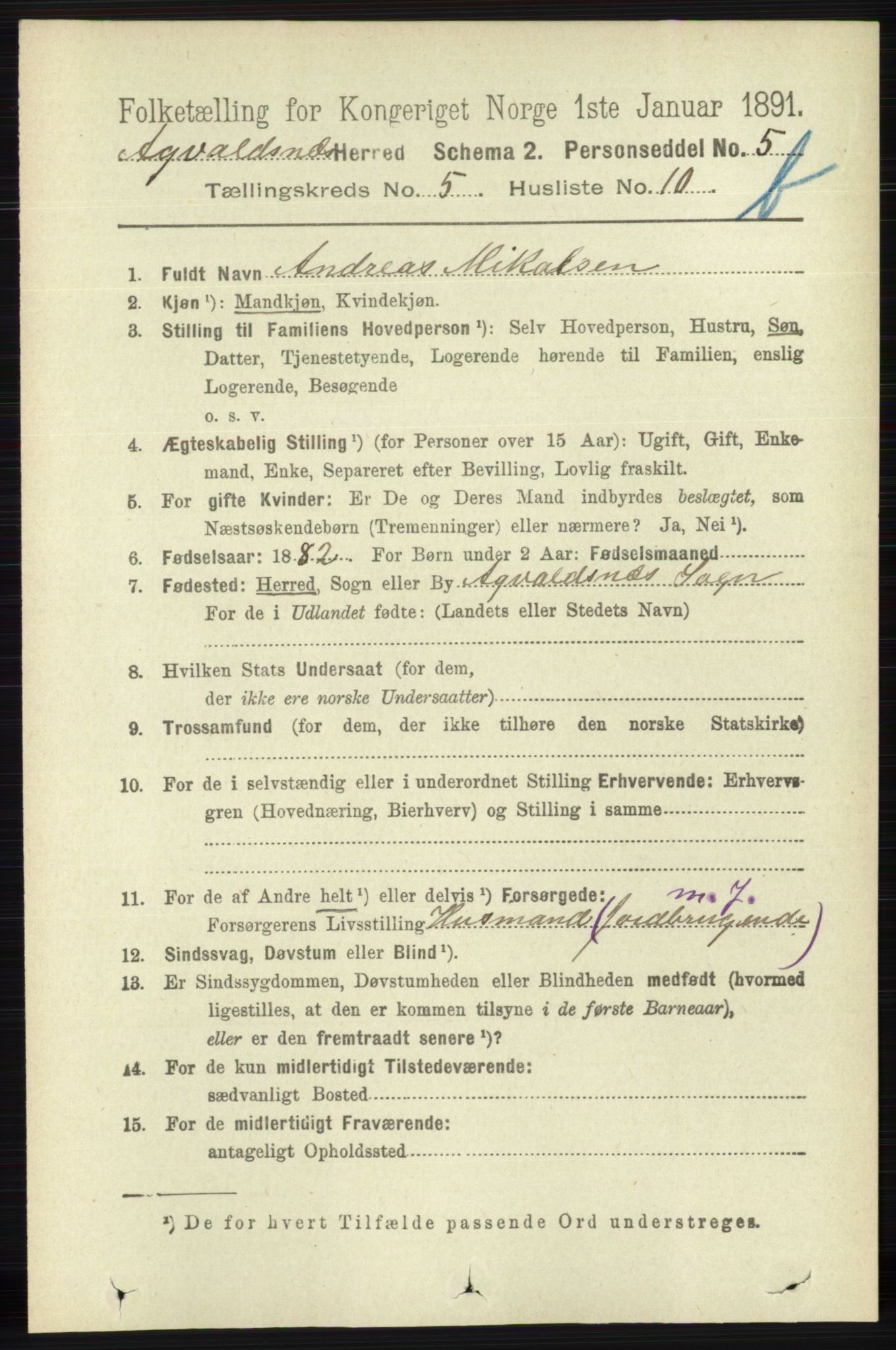 RA, 1891 census for 1147 Avaldsnes, 1891, p. 3072