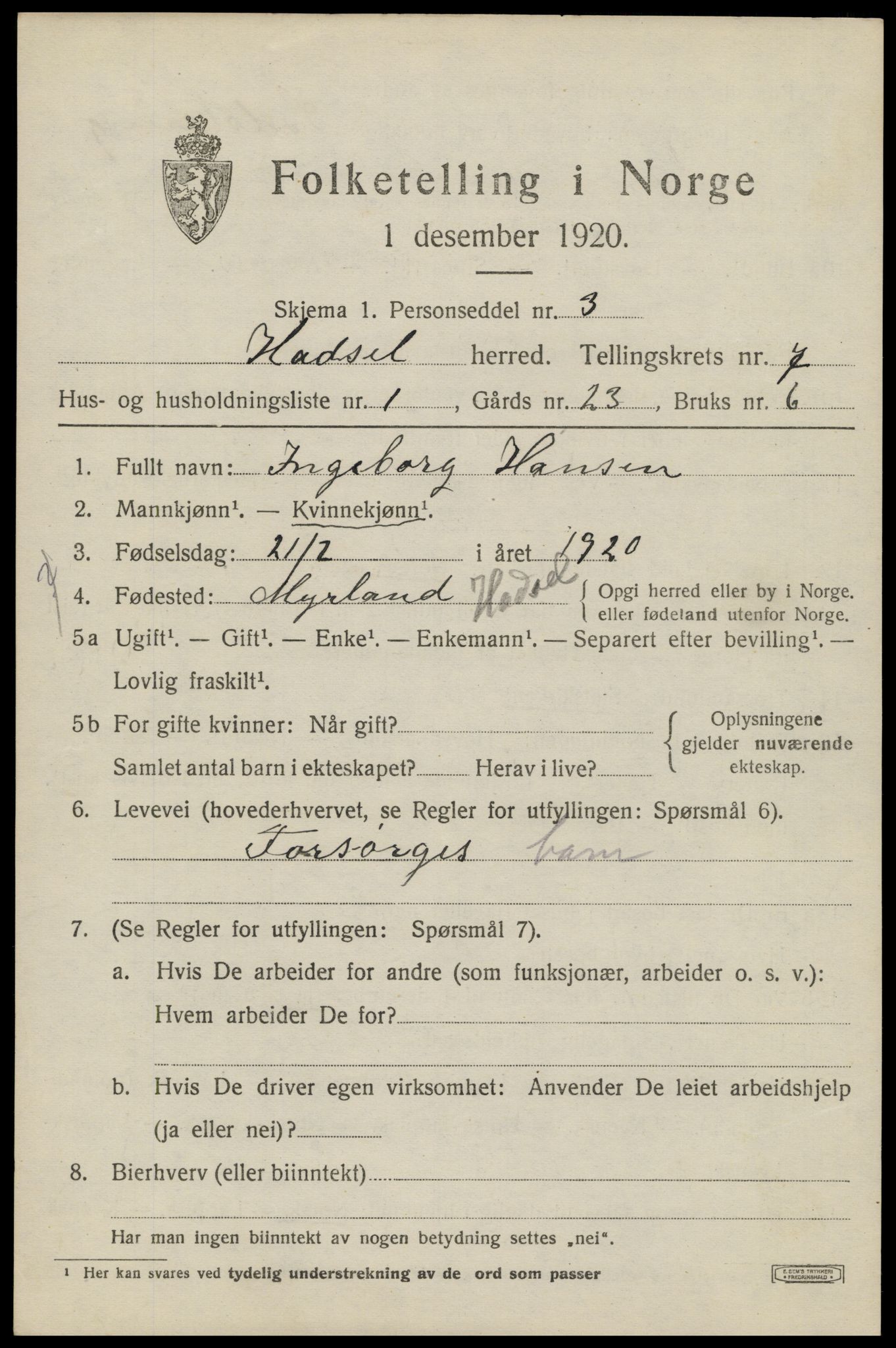 SAT, 1920 census for Hadsel, 1920, p. 6882