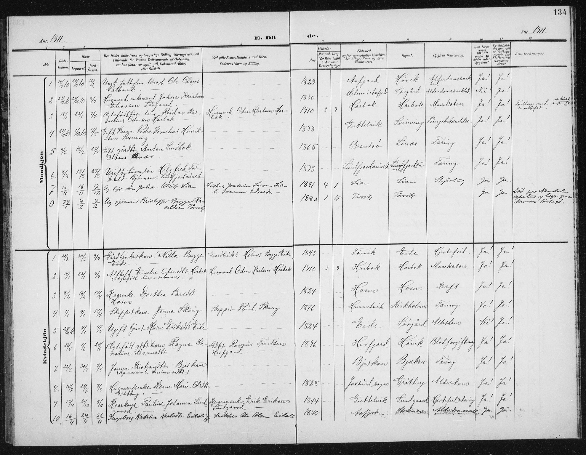 Ministerialprotokoller, klokkerbøker og fødselsregistre - Sør-Trøndelag, SAT/A-1456/656/L0699: Parish register (copy) no. 656C05, 1905-1920, p. 134