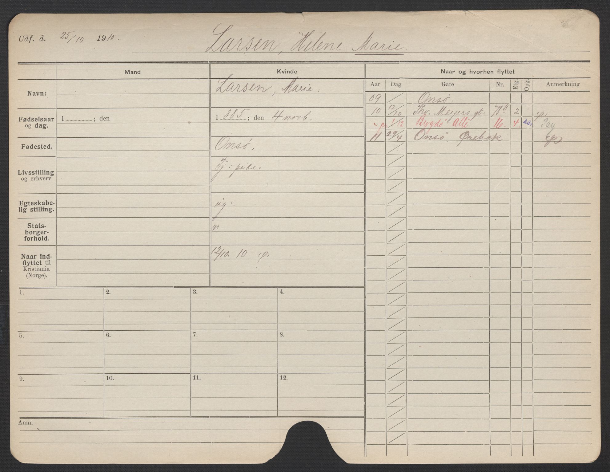 Oslo folkeregister, Registerkort, AV/SAO-A-11715/F/Fa/Fac/L0019: Kvinner, 1906-1914, p. 1079a