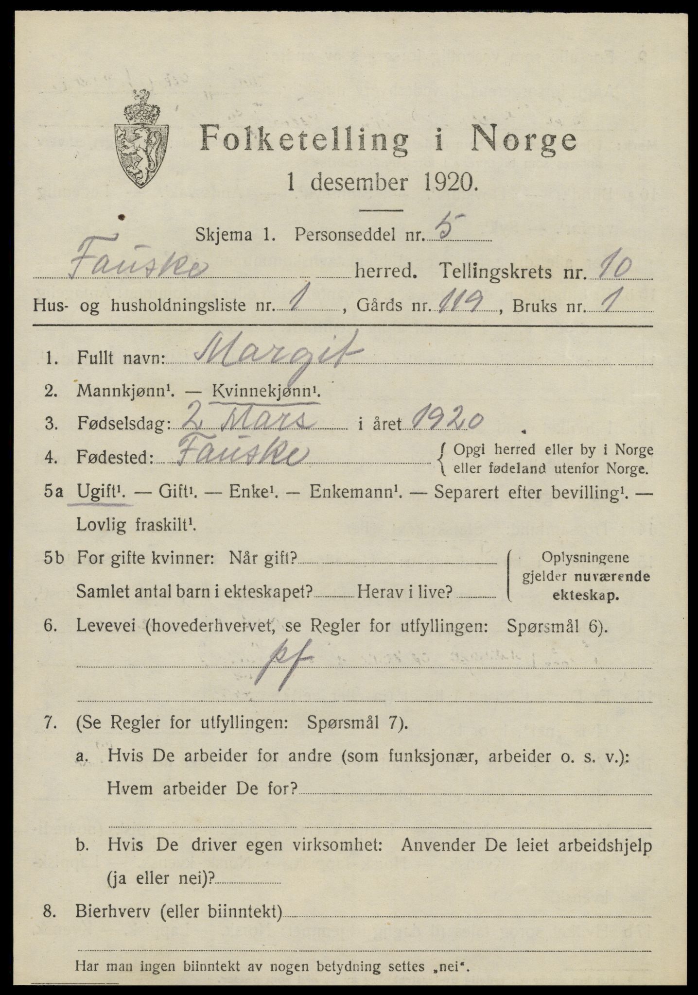 SAT, 1920 census for Fauske, 1920, p. 7600