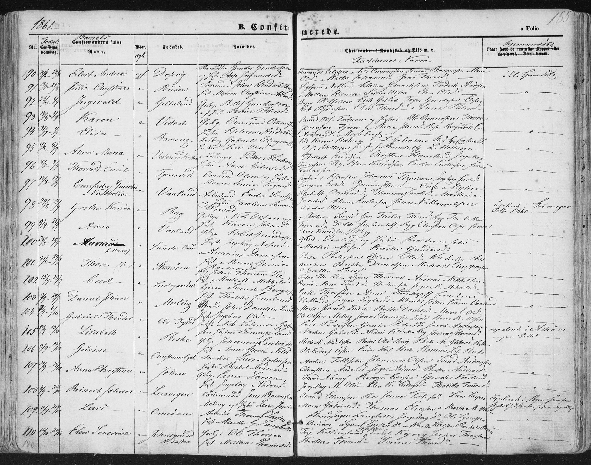 Hetland sokneprestkontor, AV/SAST-A-101826/30/30BA/L0002: Parish register (official) no. A 2, 1849-1869, p. 185