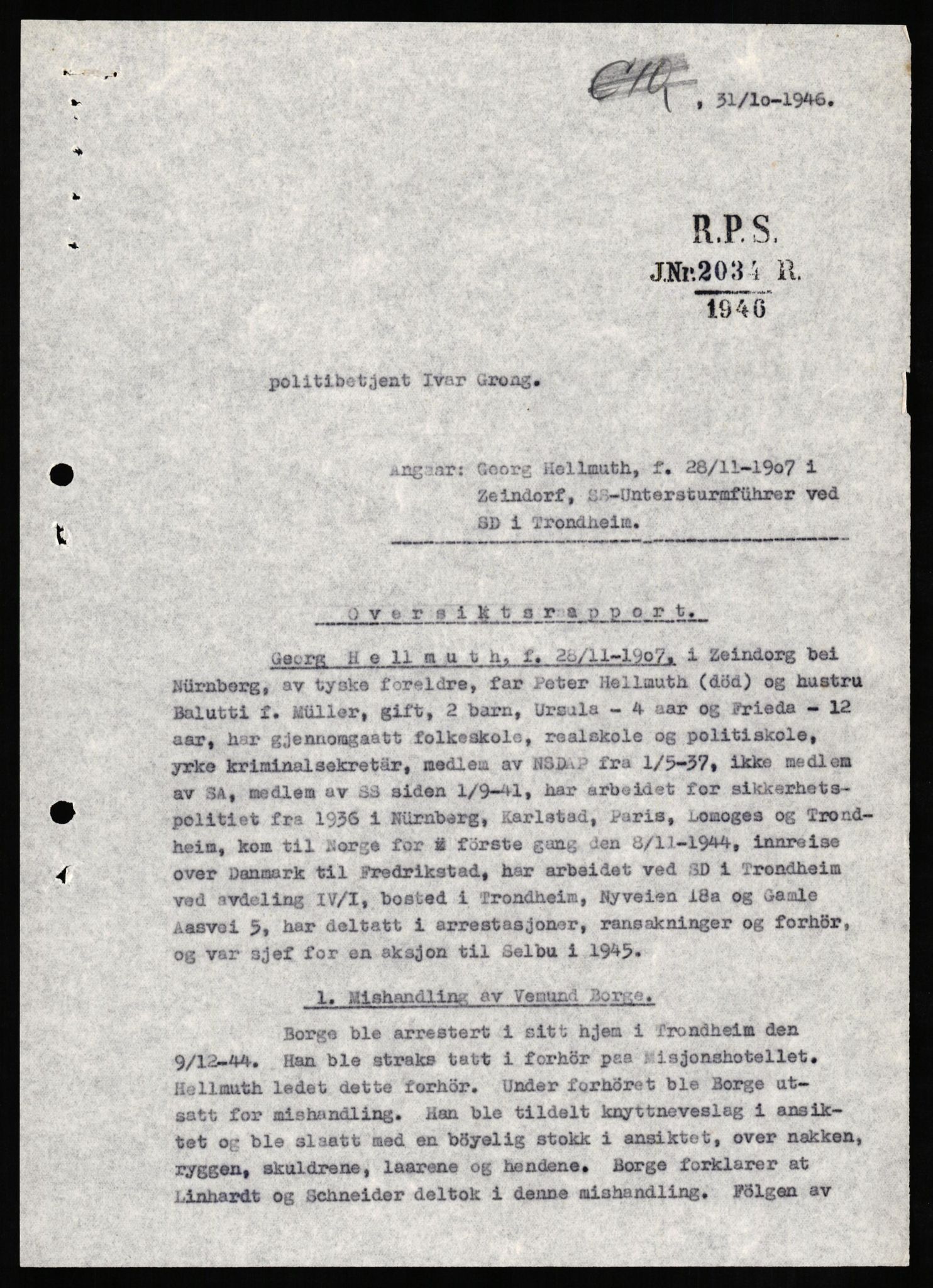 Forsvaret, Forsvarets overkommando II, AV/RA-RAFA-3915/D/Db/L0012: CI Questionaires. Tyske okkupasjonsstyrker i Norge. Tyskere., 1945-1946, p. 385