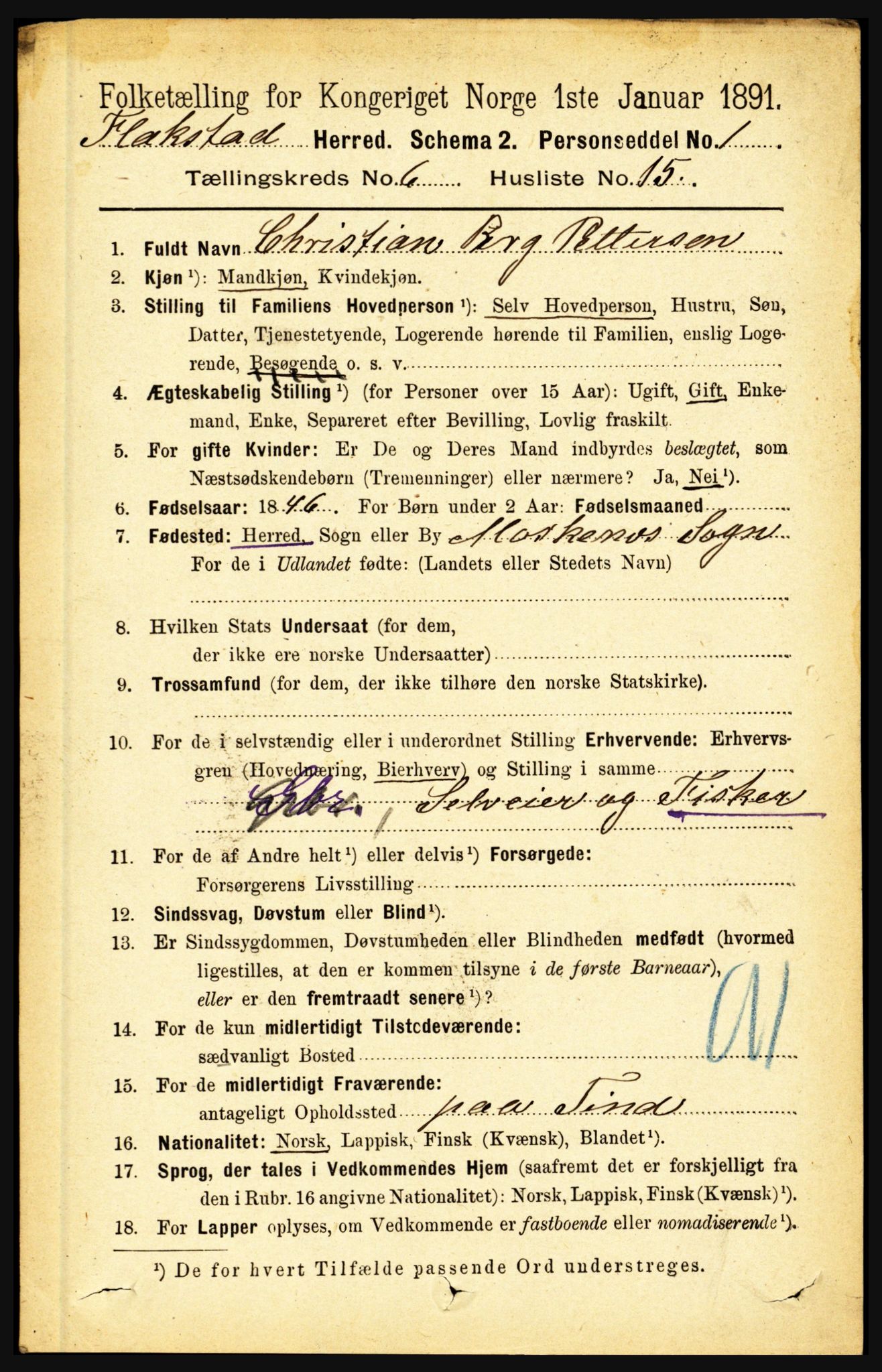 RA, 1891 census for 1859 Flakstad, 1891, p. 3026