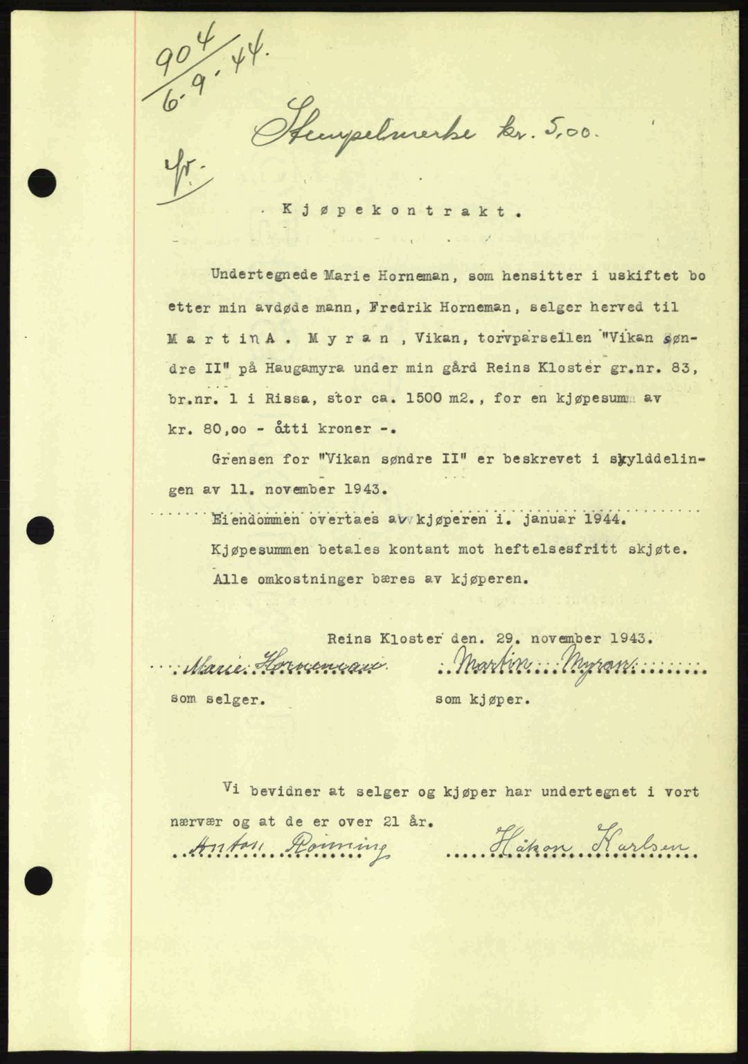 Fosen sorenskriveri, AV/SAT-A-1107/1/2/2C: Mortgage book no. A3, 1943-1945, Diary no: : 904/1944