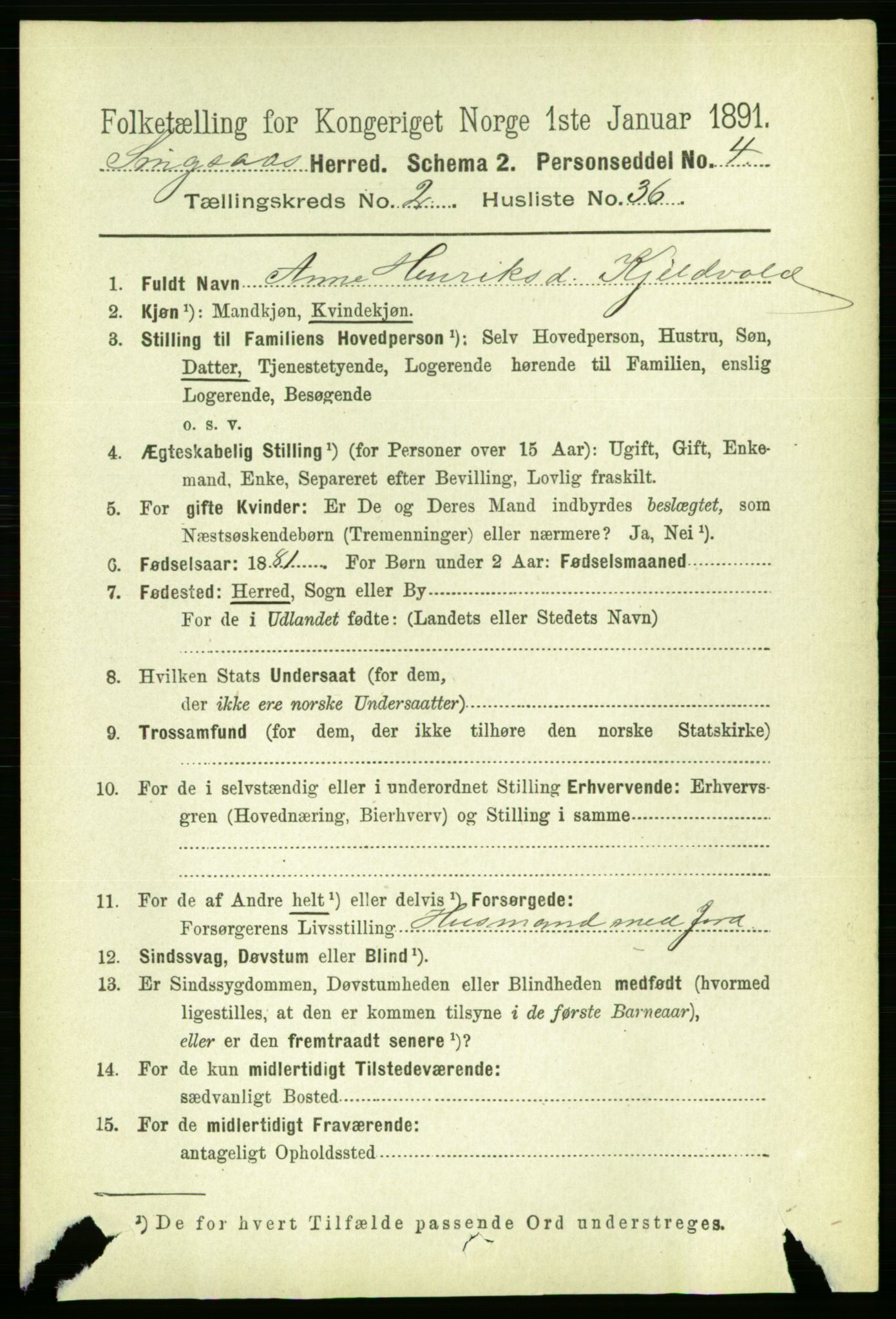 RA, 1891 census for 1646 Singsås, 1891, p. 497