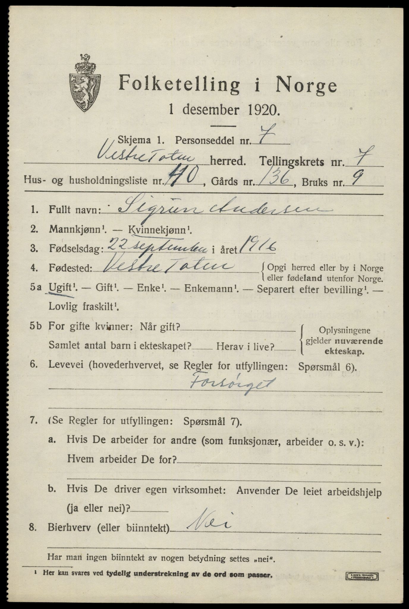 SAH, 1920 census for Vestre Toten, 1920, p. 9668