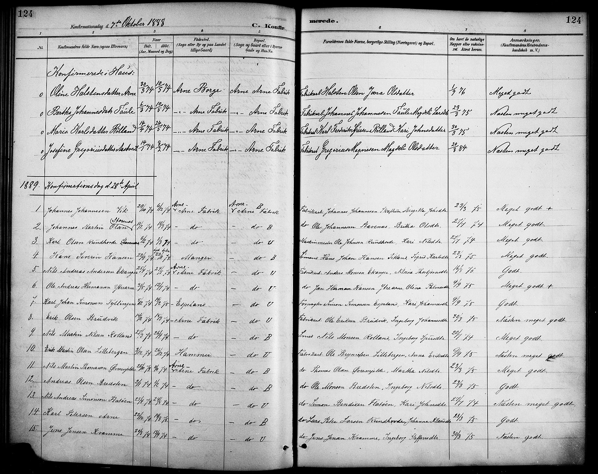 Haus sokneprestembete, AV/SAB-A-75601/H/Haa/Haad/L0001: Parish register (official) no. D 1, 1887-1898, p. 124