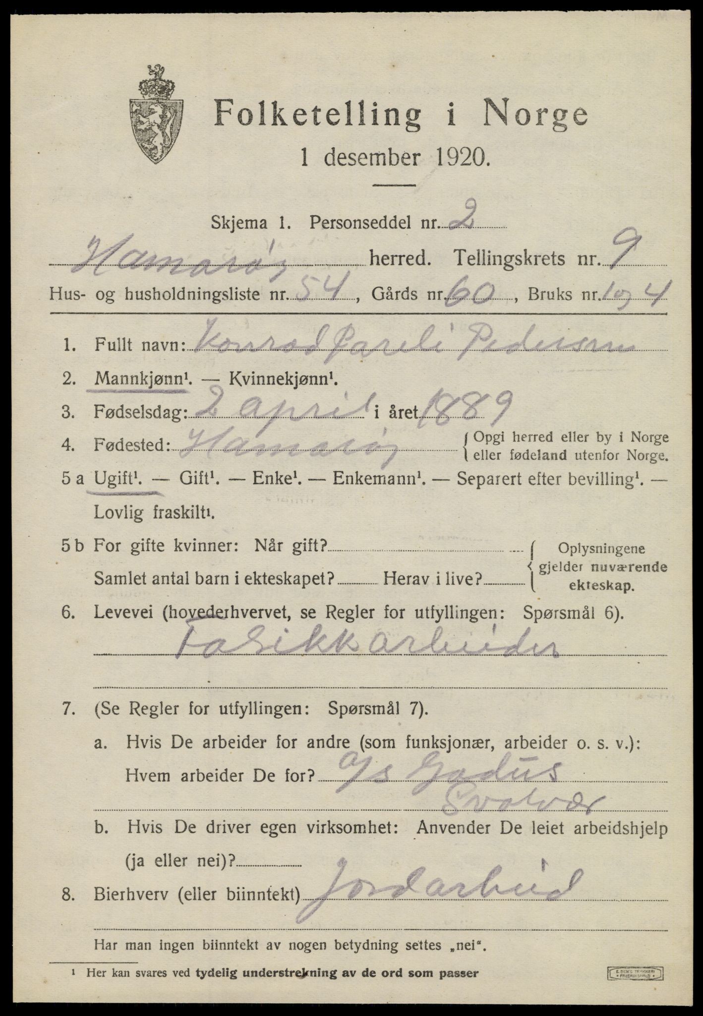 SAT, 1920 census for Hamarøy, 1920, p. 4852