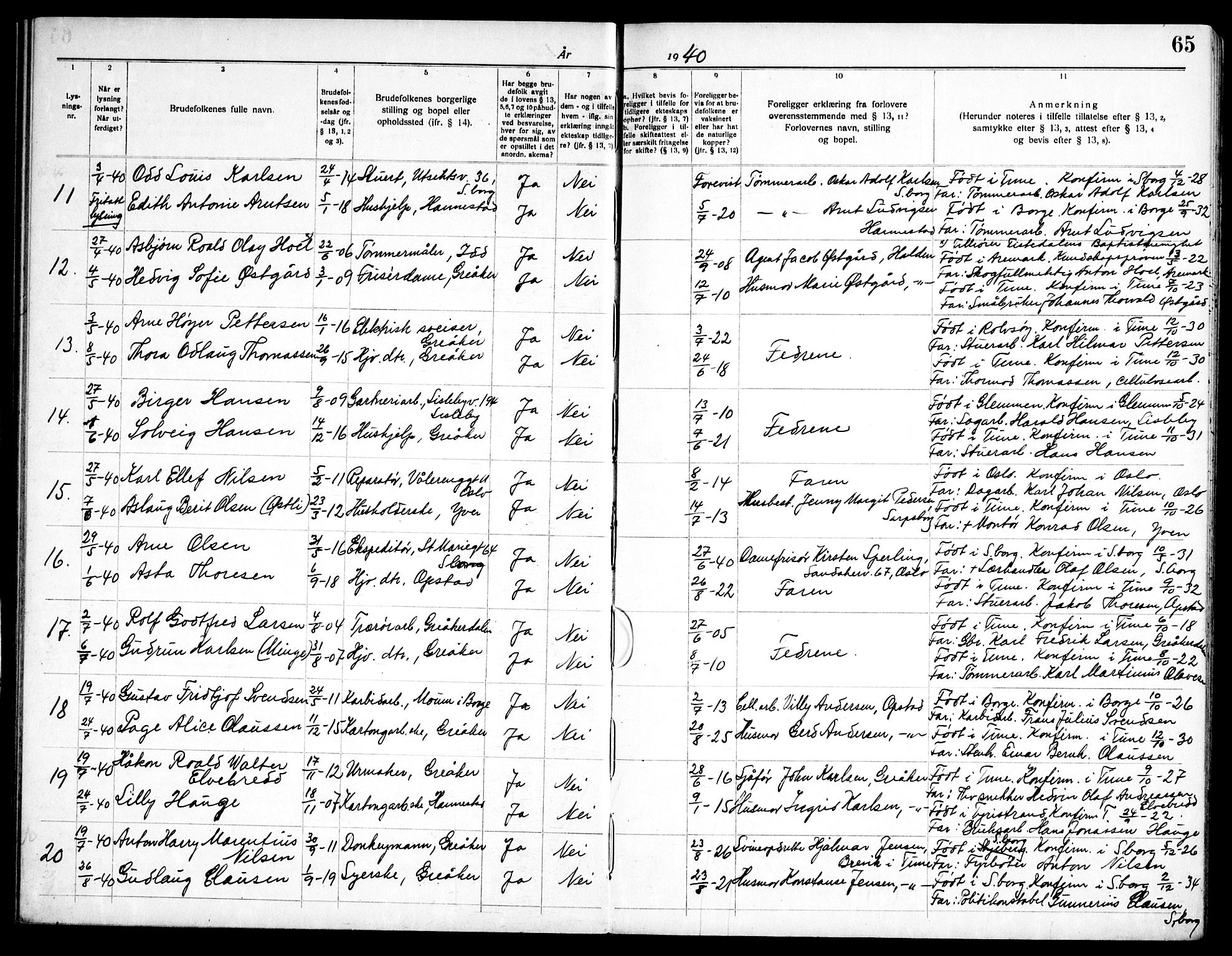 Tune prestekontor Kirkebøker, AV/SAO-A-2007/H/Hb/L0001: Banns register no. II 1, 1920-1951, p. 65