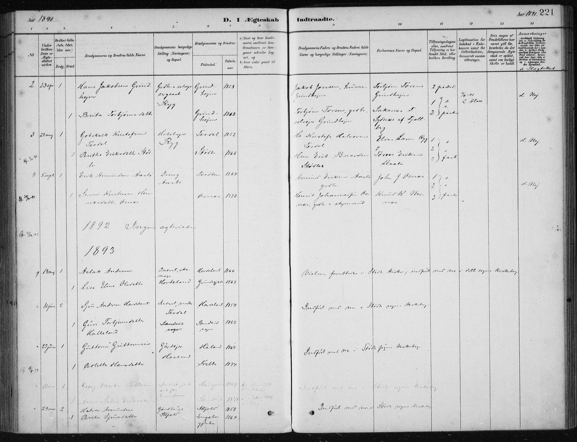 Etne sokneprestembete, SAB/A-75001/H/Haa: Parish register (official) no. D  1, 1879-1919, p. 221