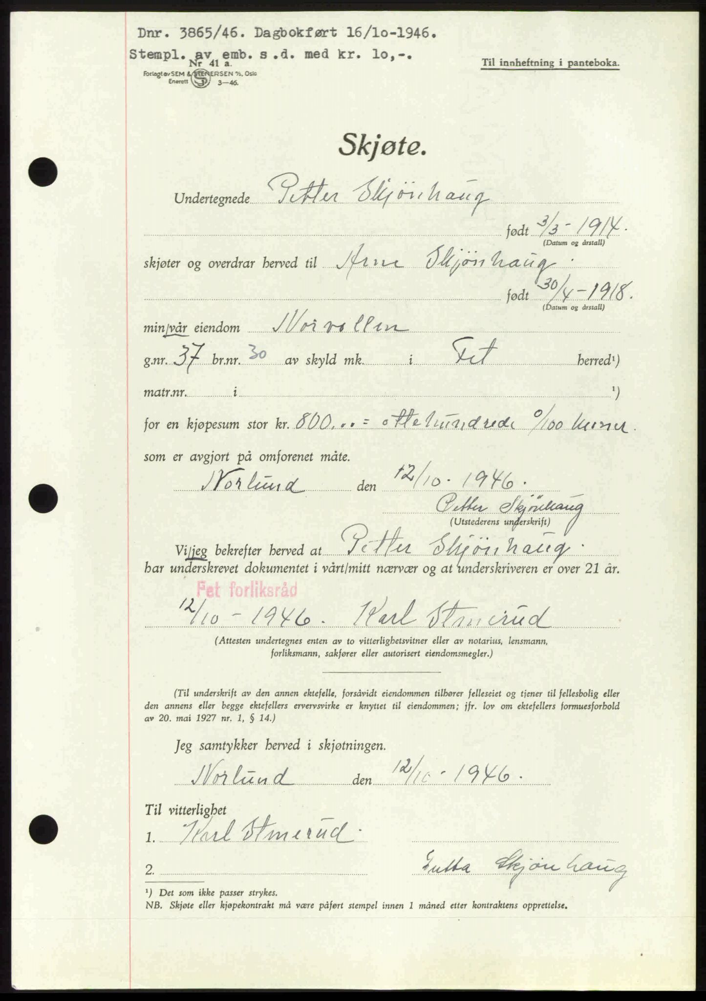 Nedre Romerike sorenskriveri, AV/SAO-A-10469/G/Gb/Gbd/L0017: Mortgage book no. 17, 1946-1946, Diary no: : 3865/1946