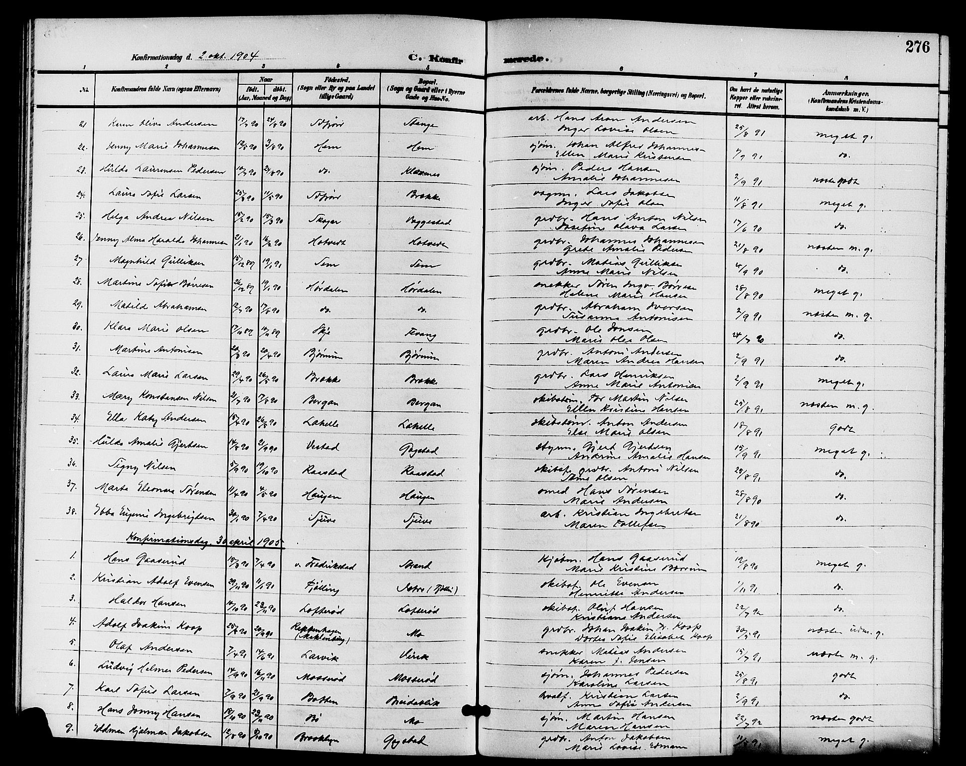 Sandar kirkebøker, AV/SAKO-A-243/G/Ga/L0002: Parish register (copy) no. 2, 1900-1915, p. 276