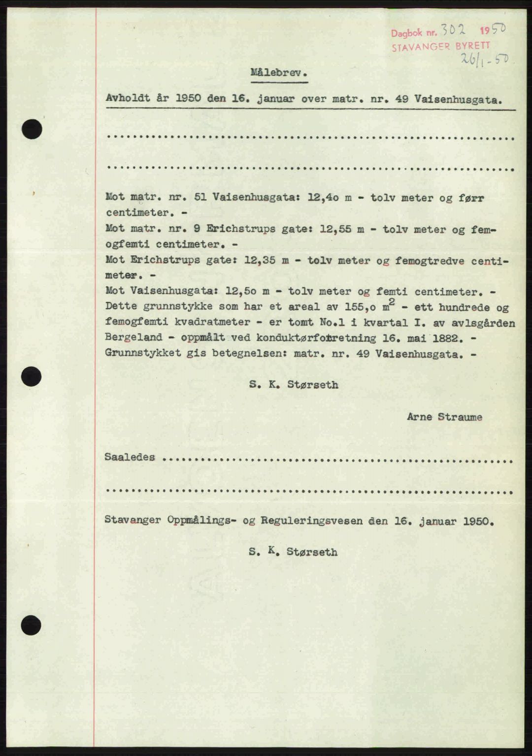 Stavanger byrett, SAST/A-100455/002/G/Gb/L0024: Mortgage book no. A13, 1949-1950, Diary no: : 302/1950