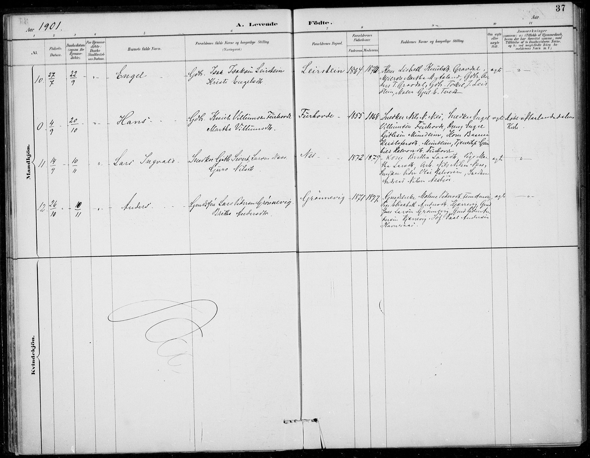 Strandebarm sokneprestembete, SAB/A-78401/H/Haa: Parish register (official) no. D  1, 1886-1912, p. 37