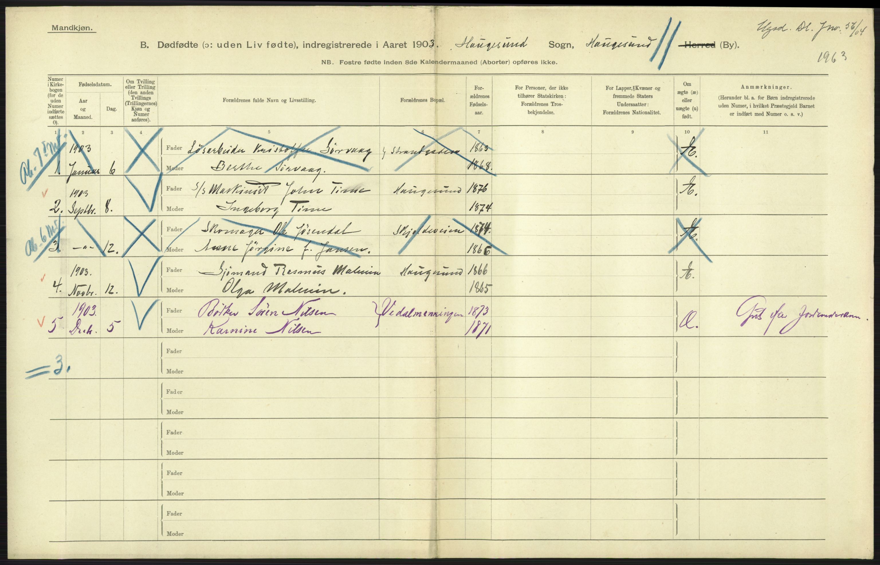 Statistisk sentralbyrå, Sosiodemografiske emner, Befolkning, RA/S-2228/D/Df/Dfa/Dfaa/L0026: Smålenenes - Finnmarkens amt: Dødfødte. Byer., 1903, p. 163