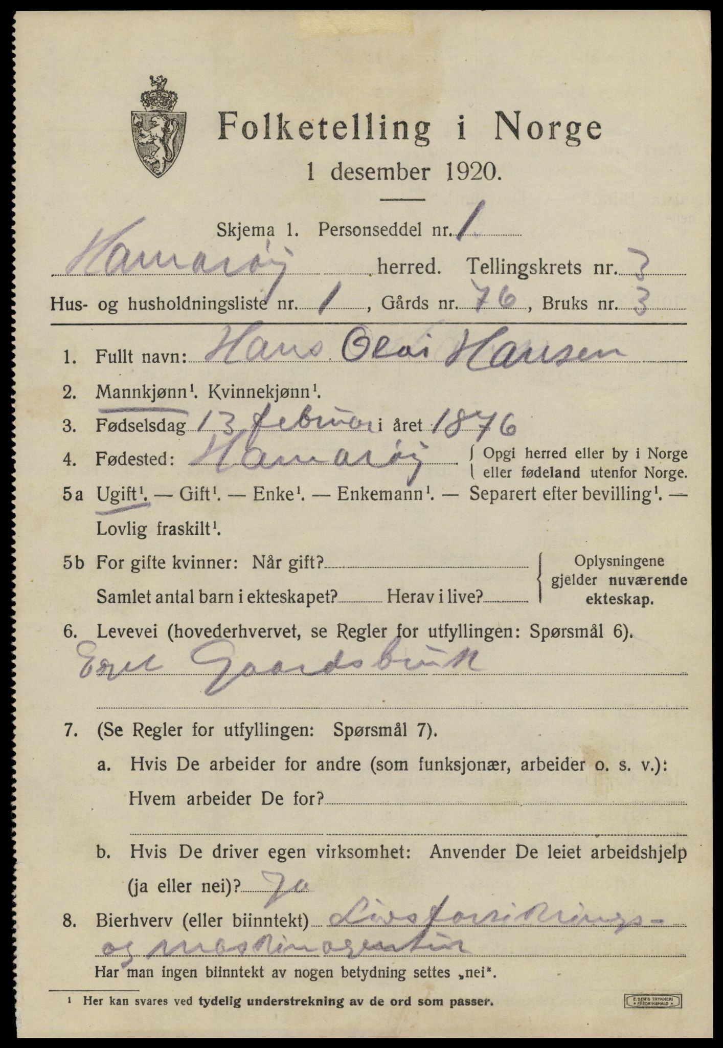 SAT, 1920 census for Hamarøy, 1920, p. 2102