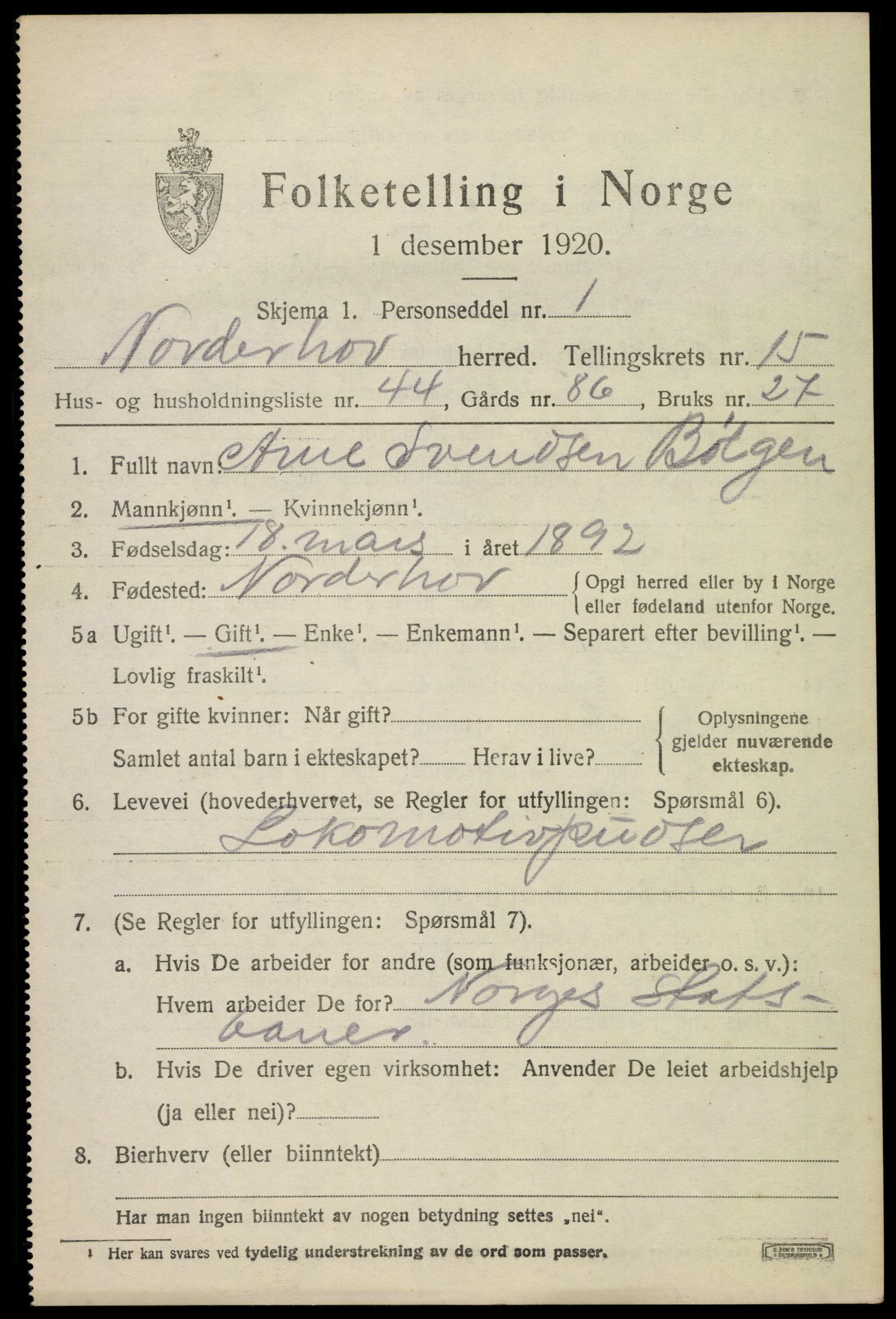 SAKO, 1920 census for Norderhov, 1920, p. 16778