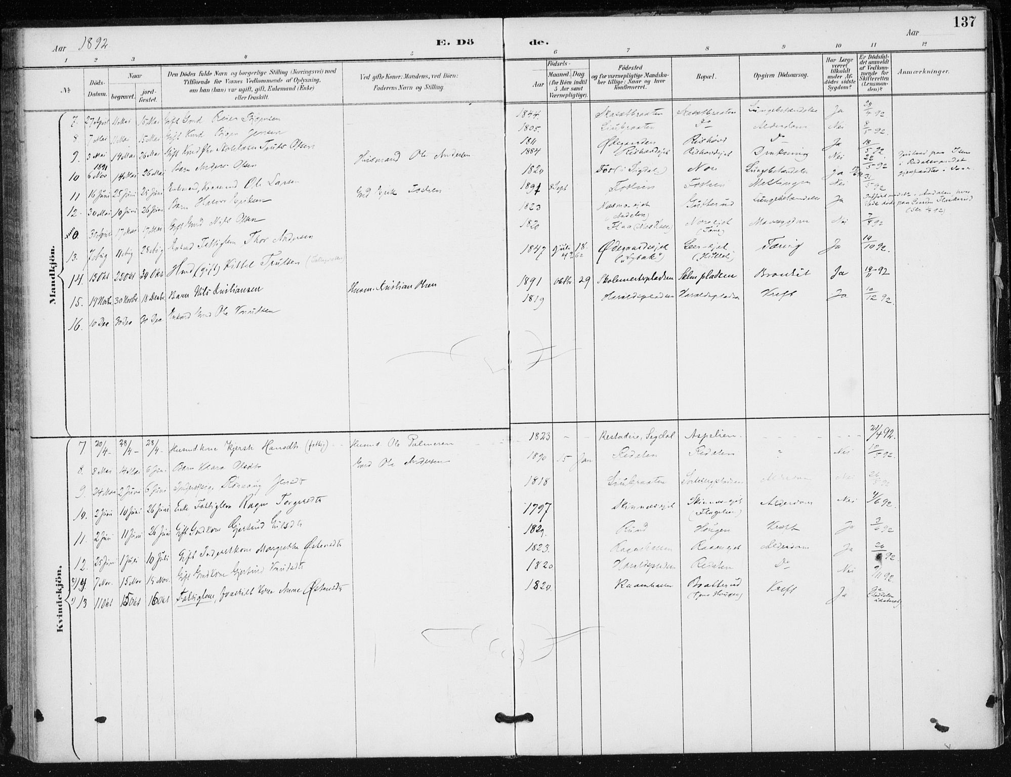 Krødsherad kirkebøker, AV/SAKO-A-19/F/Fa/L0006: Parish register (official) no. 6, 1889-1899, p. 137