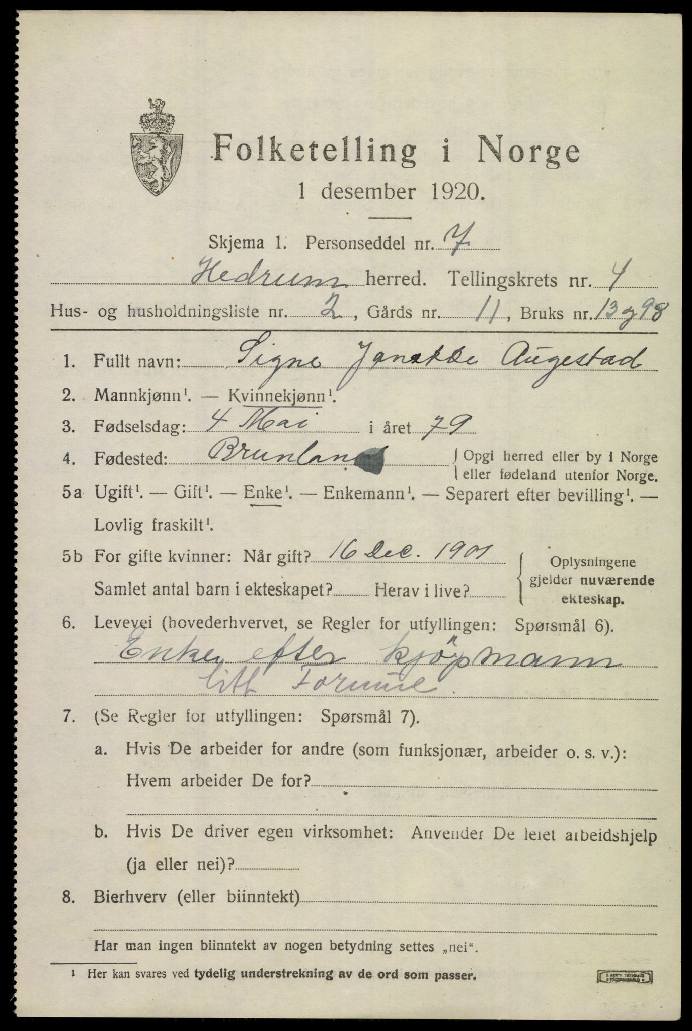 SAKO, 1920 census for Hedrum, 1920, p. 4027