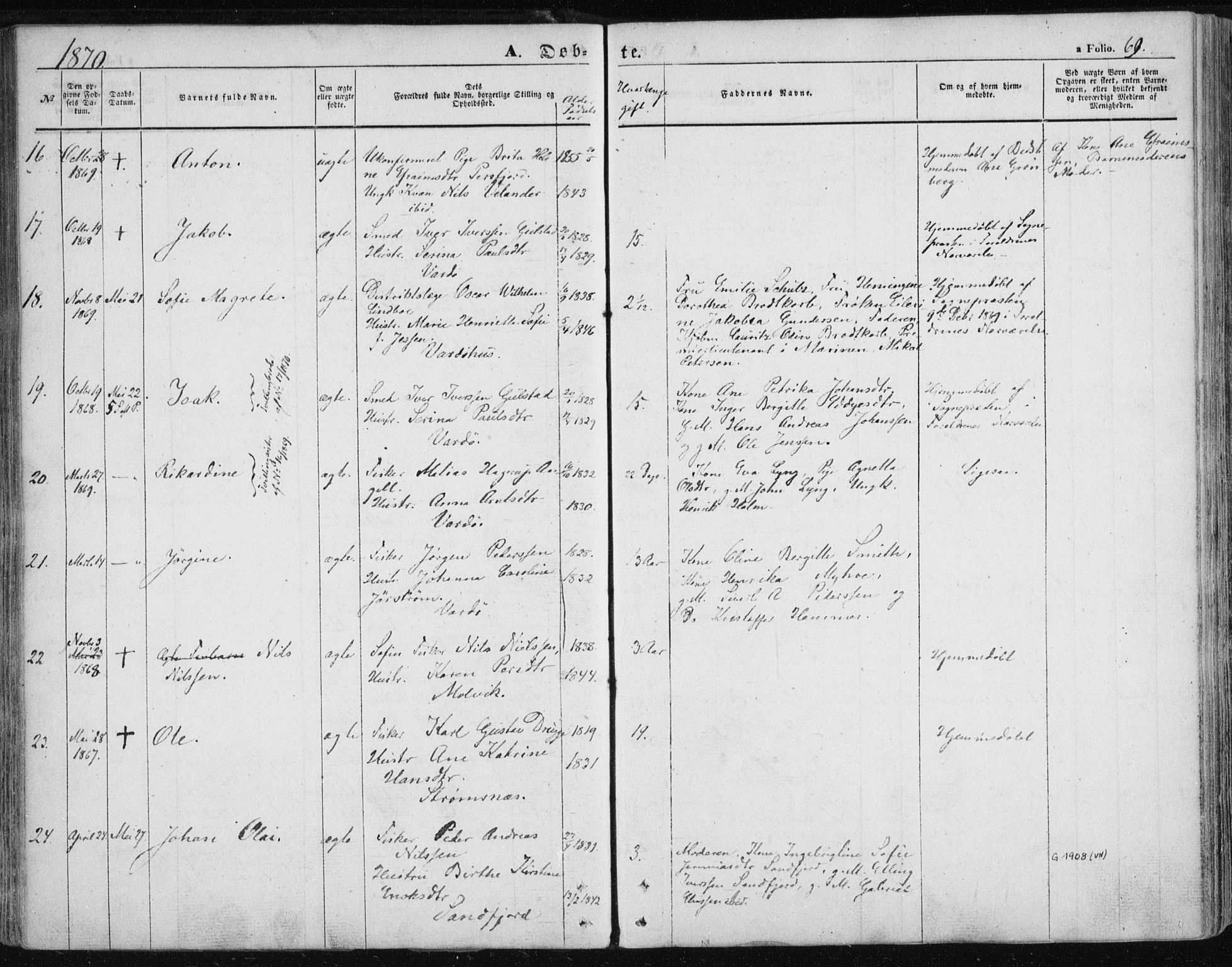 Vardø sokneprestkontor, SATØ/S-1332/H/Ha/L0004kirke: Parish register (official) no. 4, 1862-1871, p. 69