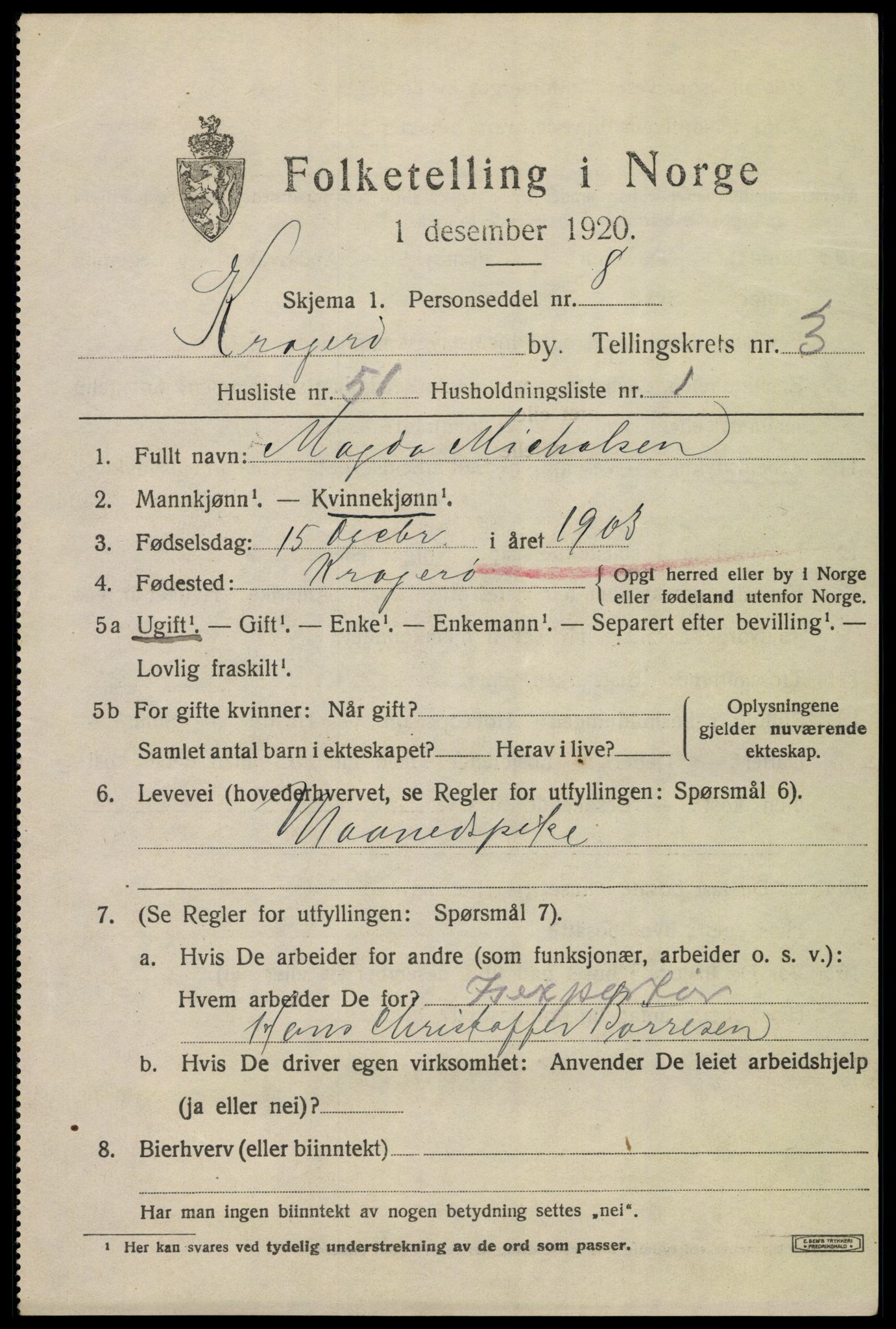 SAKO, 1920 census for Kragerø, 1920, p. 7653