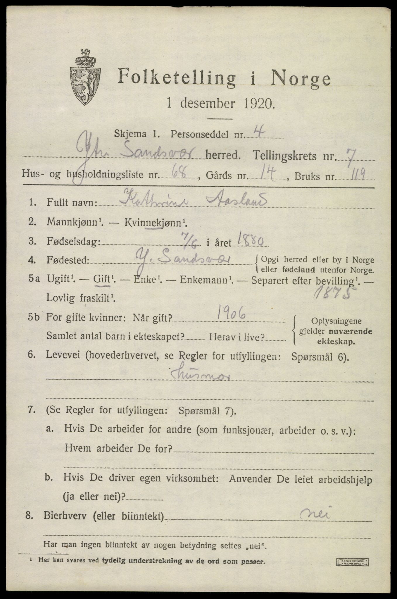 SAKO, 1920 census for Ytre Sandsvær, 1920, p. 6876