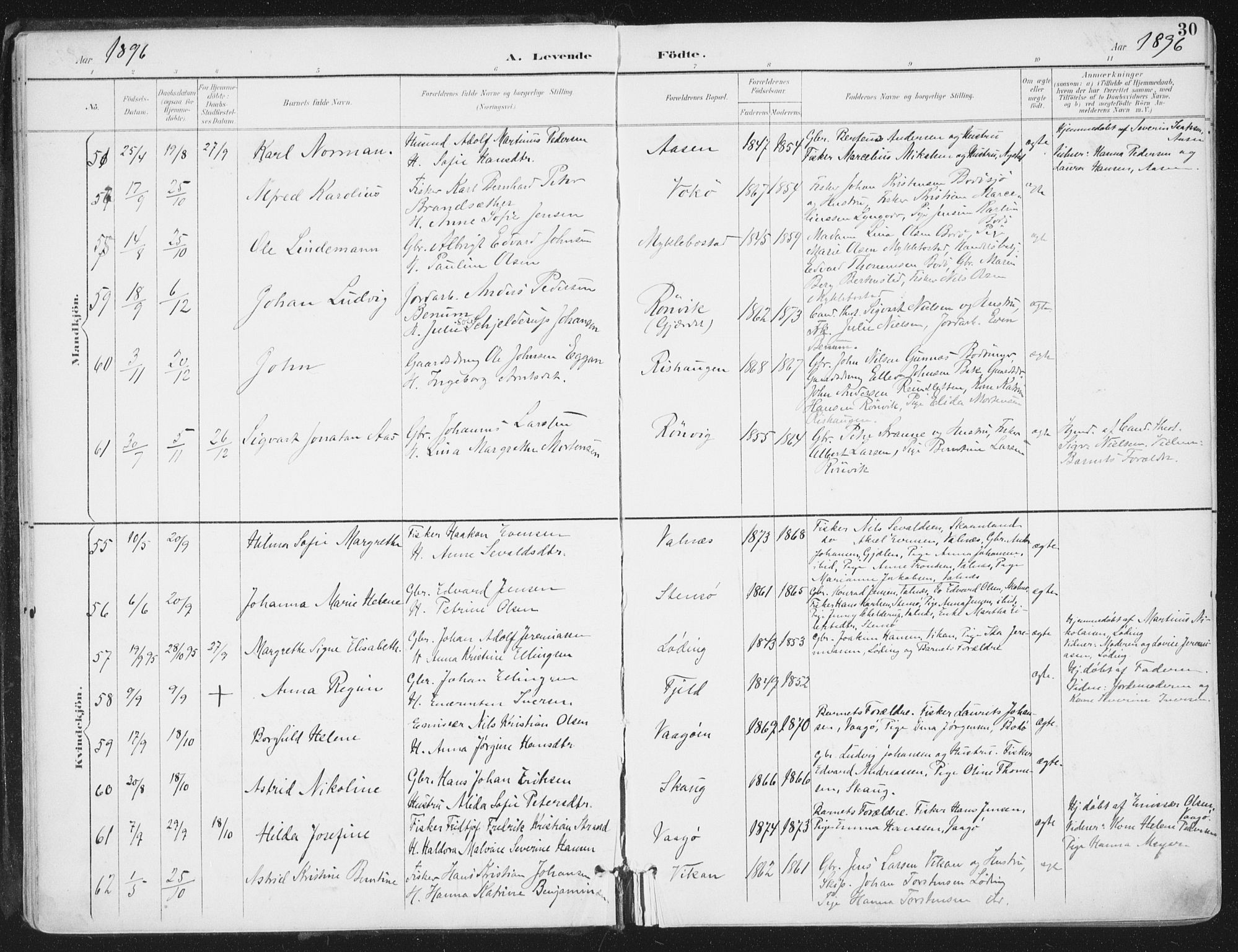 Ministerialprotokoller, klokkerbøker og fødselsregistre - Nordland, AV/SAT-A-1459/802/L0055: Parish register (official) no. 802A02, 1894-1915, p. 30