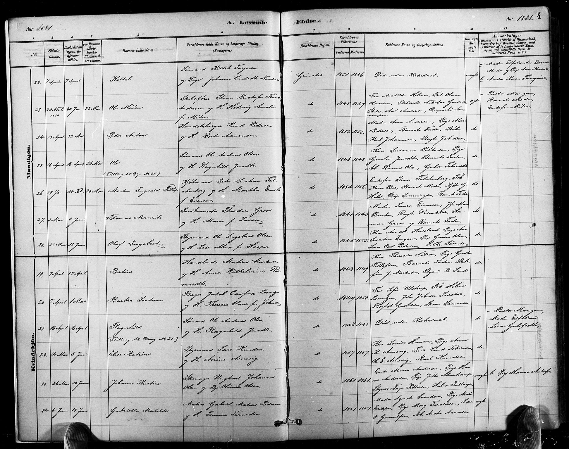 Grimstad sokneprestkontor, AV/SAK-1111-0017/F/Fb/L0001: Parish register (copy) no. B 1, 1881-1922, p. 4