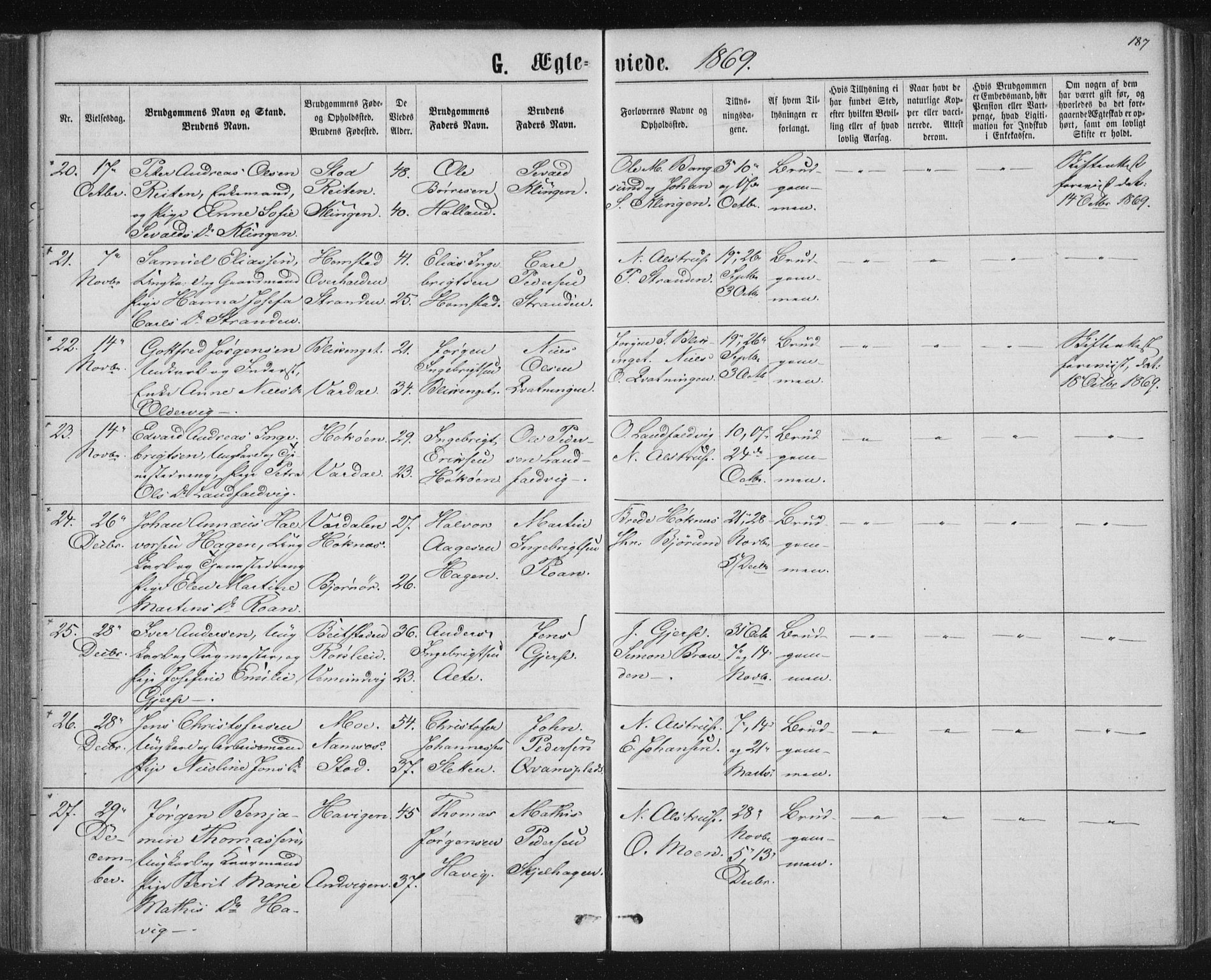 Ministerialprotokoller, klokkerbøker og fødselsregistre - Nord-Trøndelag, SAT/A-1458/768/L0570: Parish register (official) no. 768A05, 1865-1874, p. 187