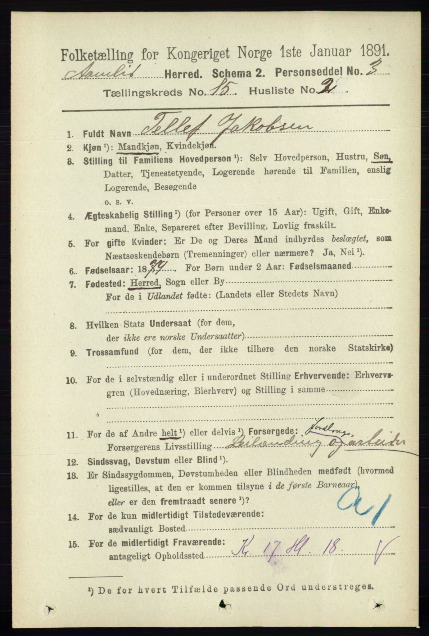 RA, 1891 census for 0929 Åmli, 1891, p. 2553