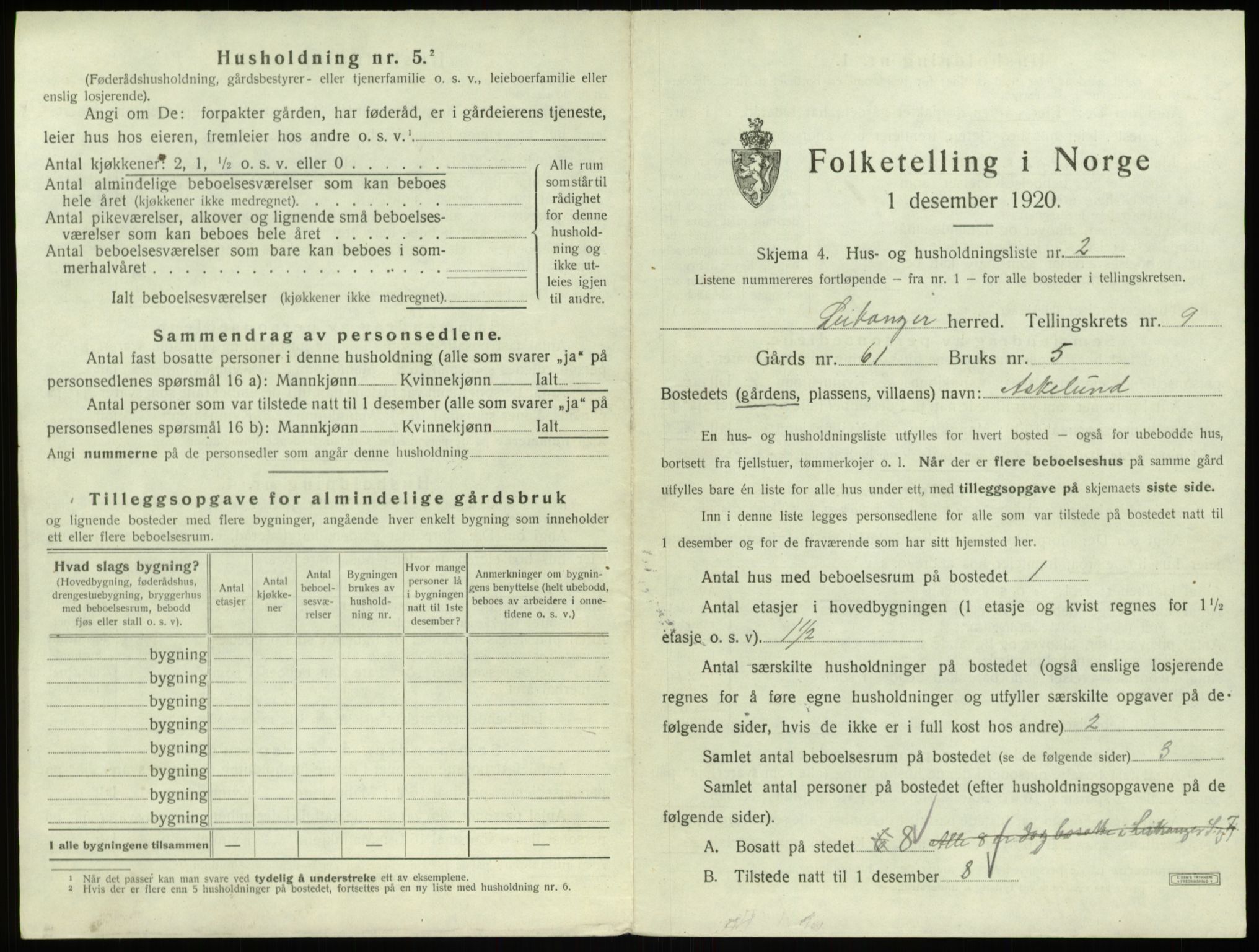 SAB, 1920 census for Leikanger, 1920, p. 864