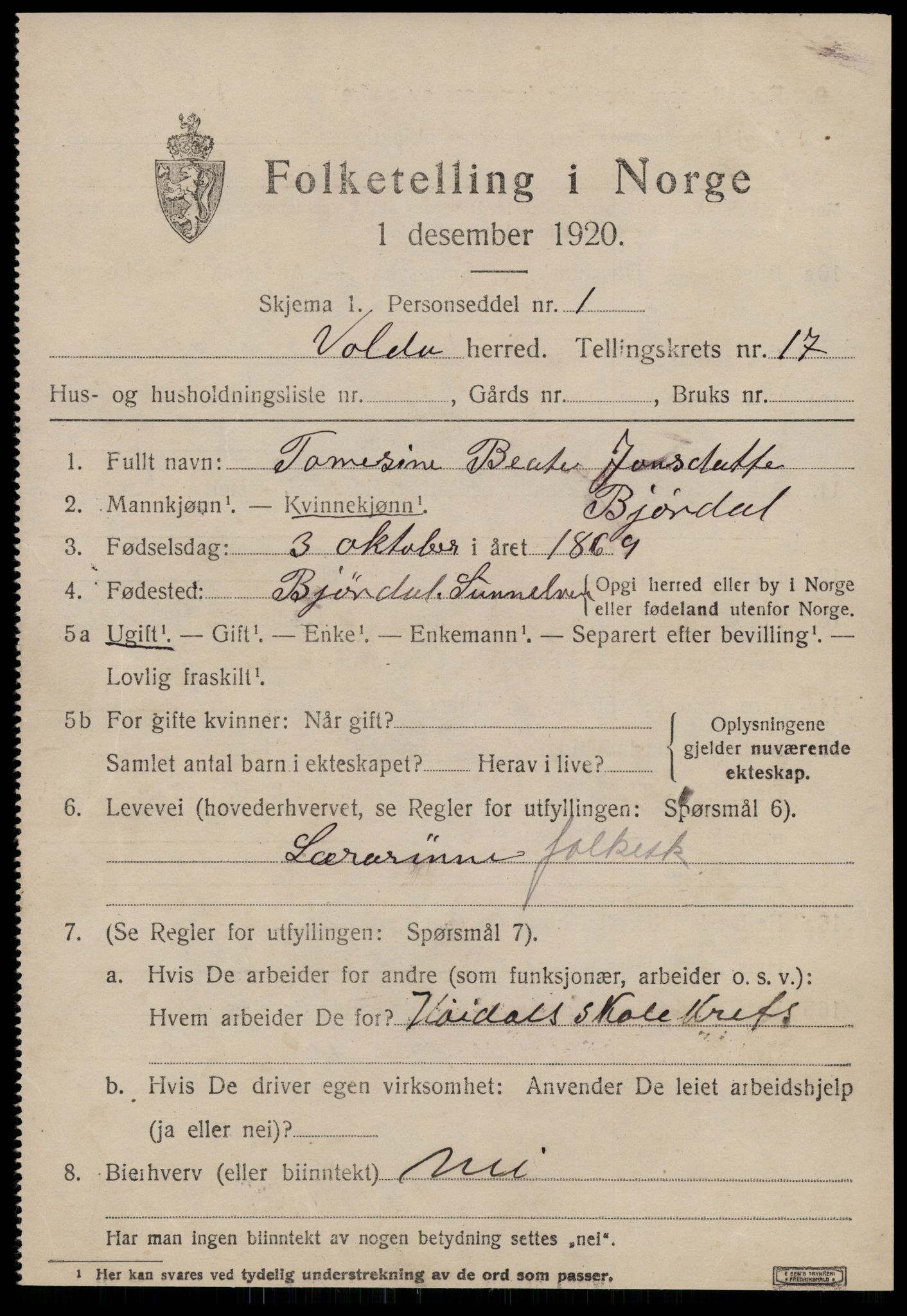 SAT, 1920 census for Volda, 1920, p. 9854