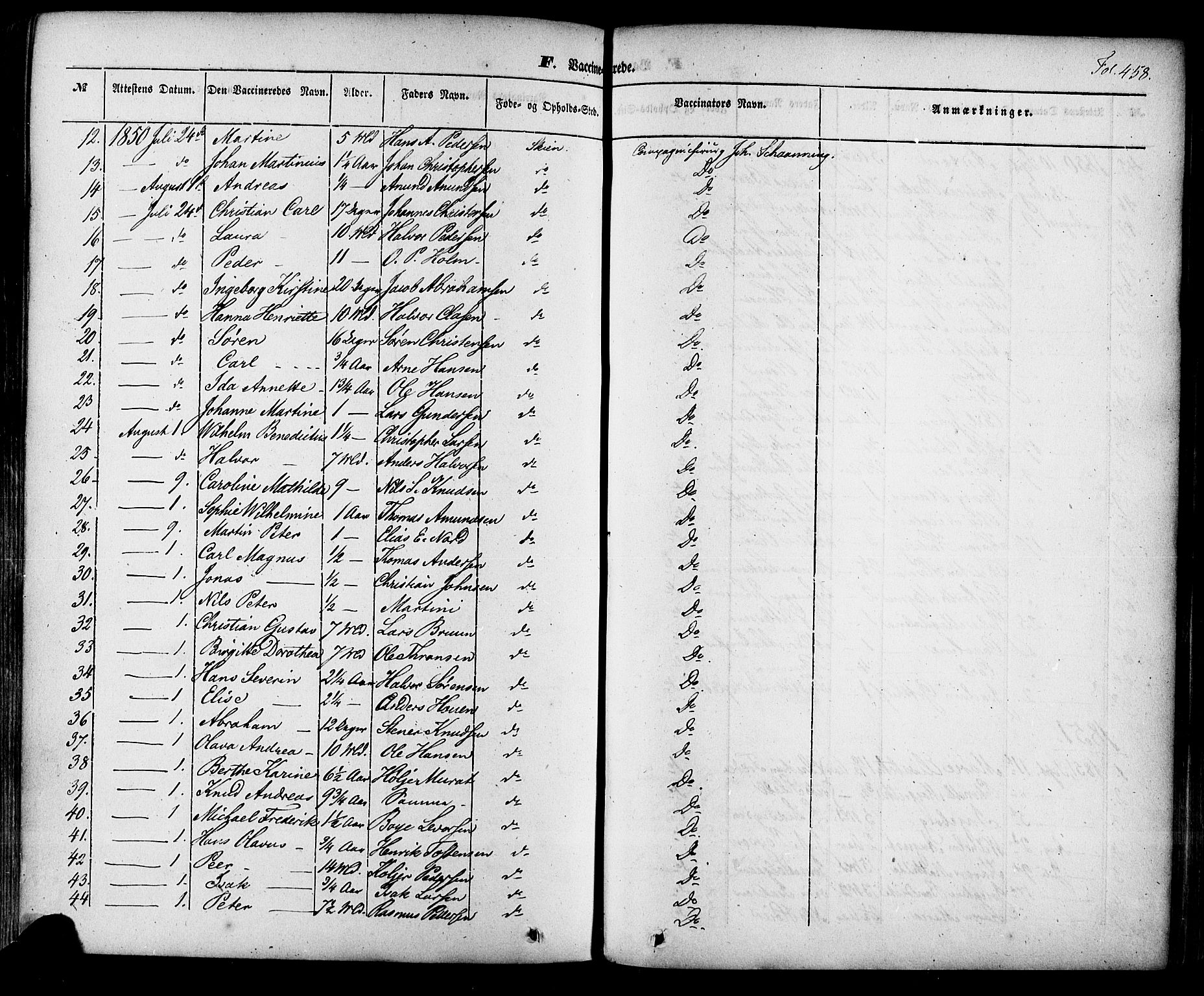 Skien kirkebøker, SAKO/A-302/F/Fa/L0006a: Parish register (official) no. 6A, 1843-1856, p. 458