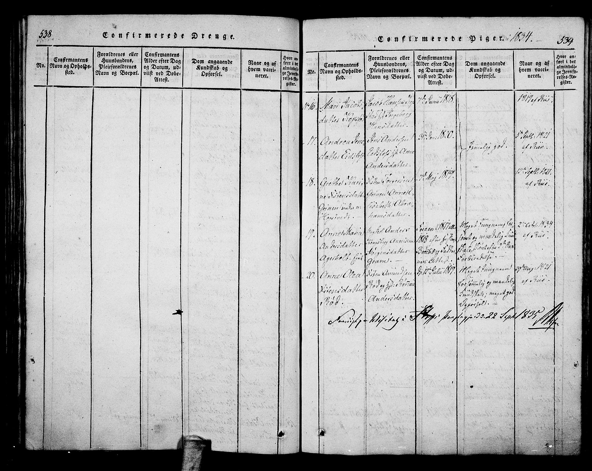 Hof kirkebøker, AV/SAKO-A-64/F/Fa/L0004: Parish register (official) no. I 4, 1814-1843, p. 538-539