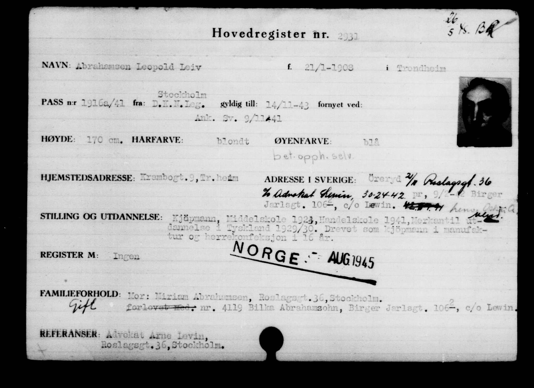 Den Kgl. Norske Legasjons Flyktningskontor, RA/S-6753/V/Va/L0003: Kjesäterkartoteket.  Flyktningenr. 2001-3495, 1940-1945, p. 1337