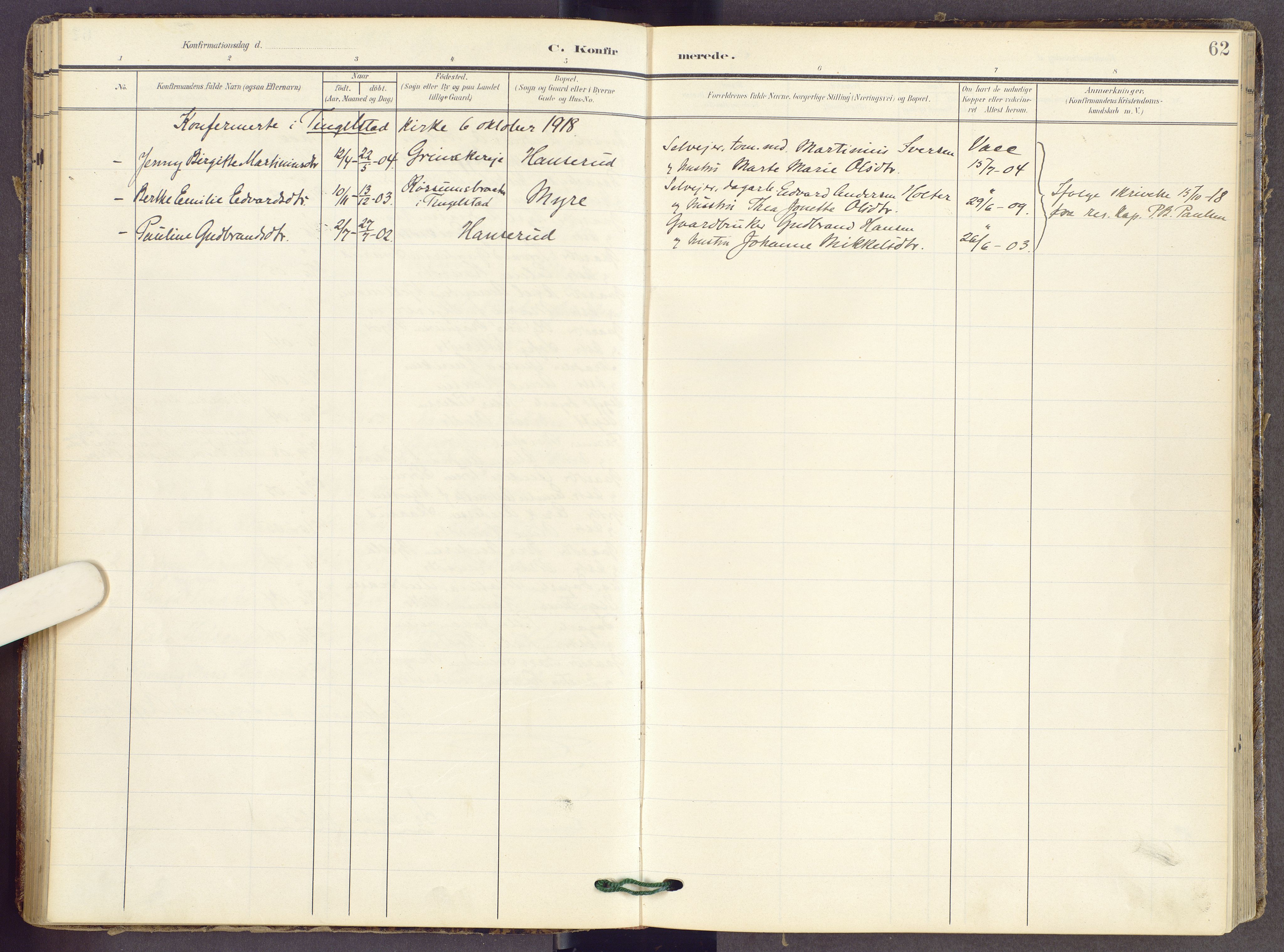 Gran prestekontor, SAH/PREST-112/H/Ha/Haa/L0022: Parish register (official) no. 22, 1908-1918, p. 62