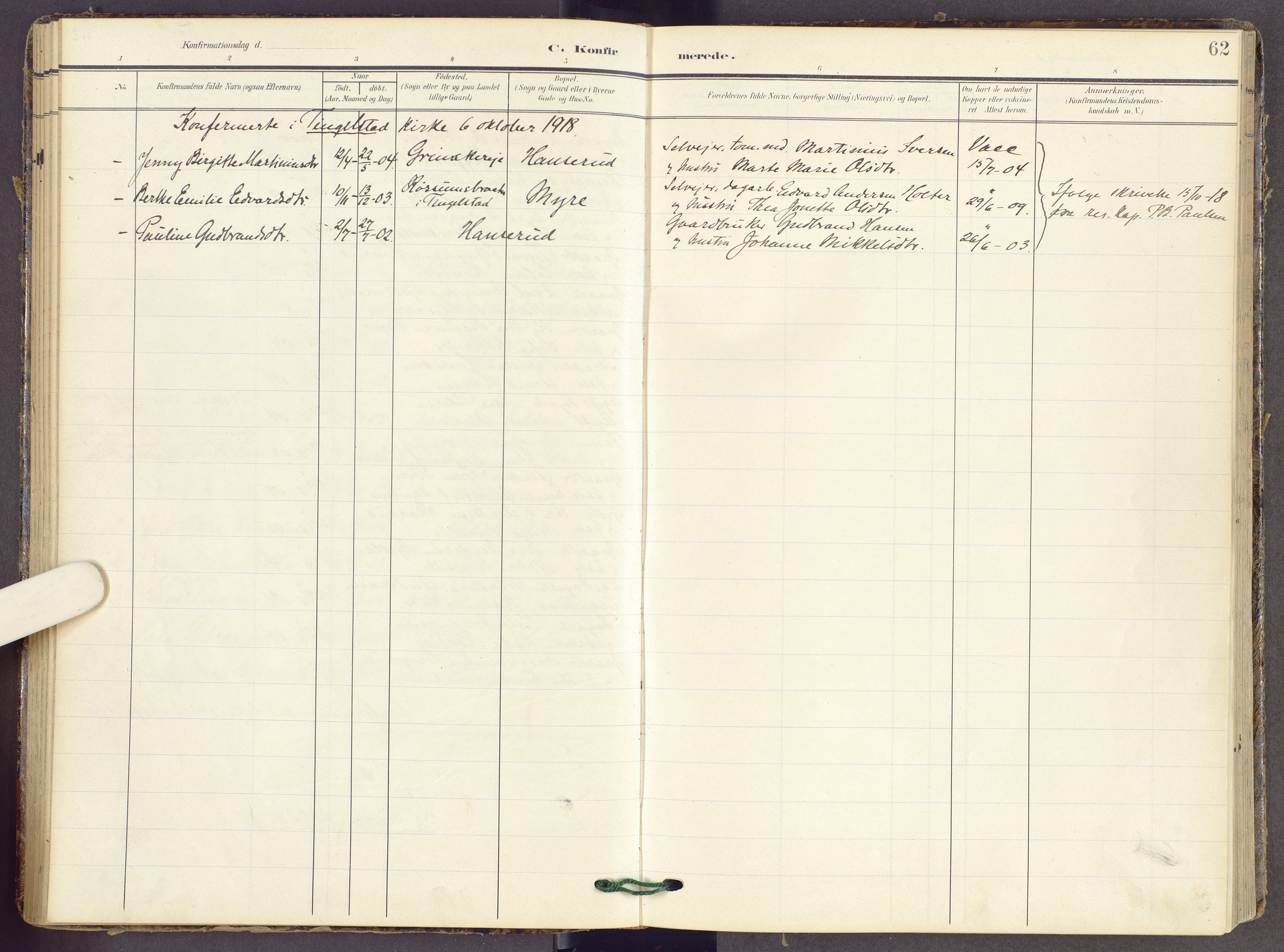 Gran prestekontor, AV/SAH-PREST-112/H/Ha/Haa/L0022: Parish register (official) no. 22, 1908-1918, p. 62