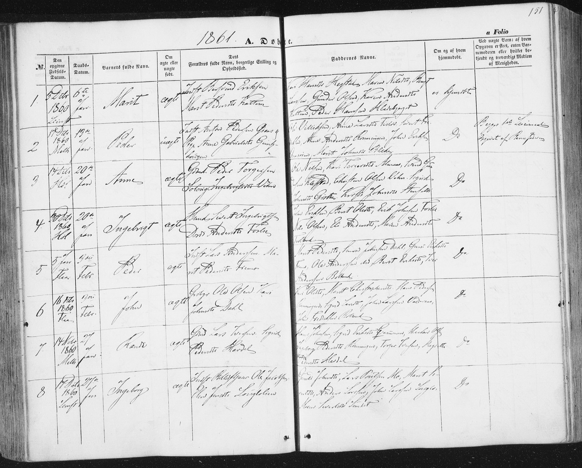 Ministerialprotokoller, klokkerbøker og fødselsregistre - Sør-Trøndelag, SAT/A-1456/691/L1076: Parish register (official) no. 691A08, 1852-1861, p. 151
