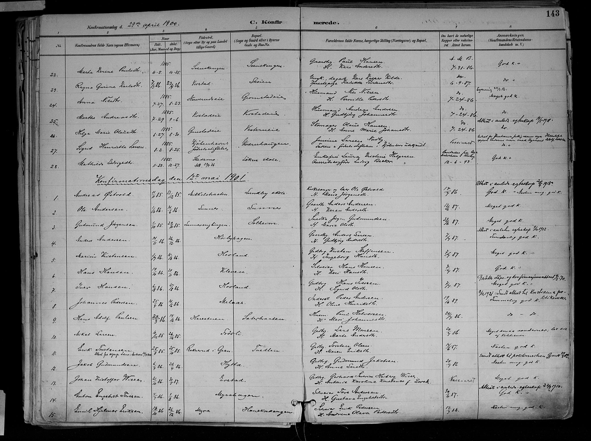 Jevnaker prestekontor, SAH/PREST-116/H/Ha/Haa/L0010: Parish register (official) no. 10, 1891-1906, p. 143