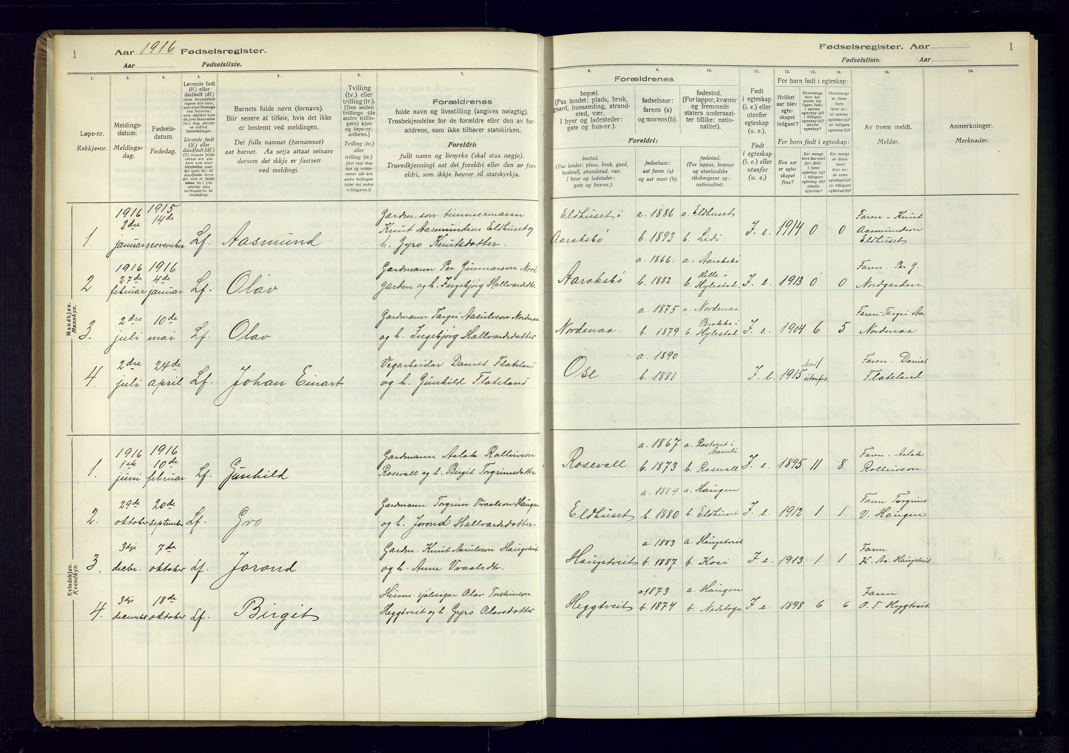 Bygland sokneprestkontor, SAK/1111-0006/J/Ja/L0003: Birth register no. II.4.4, 1916-1980, p. 1
