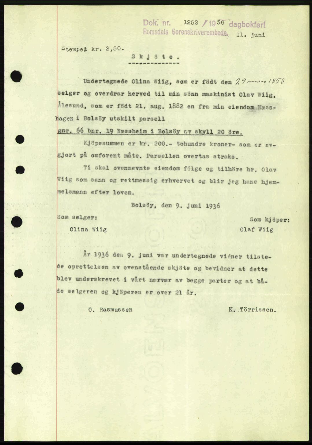 Romsdal sorenskriveri, AV/SAT-A-4149/1/2/2C: Mortgage book no. A1, 1936-1936, Diary no: : 1252/1936