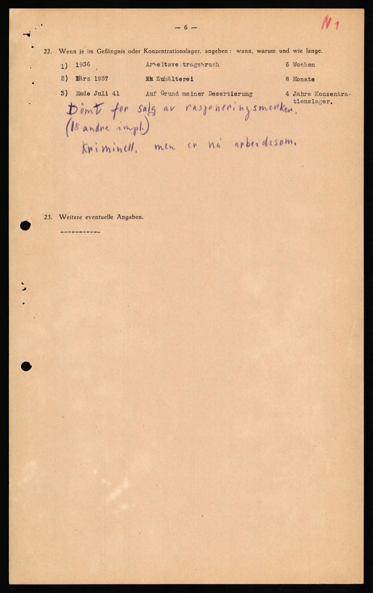 Forsvaret, Forsvarets overkommando II, AV/RA-RAFA-3915/D/Db/L0024: CI Questionaires. Tyske okkupasjonsstyrker i Norge. Tyskere., 1945-1946, p. 109