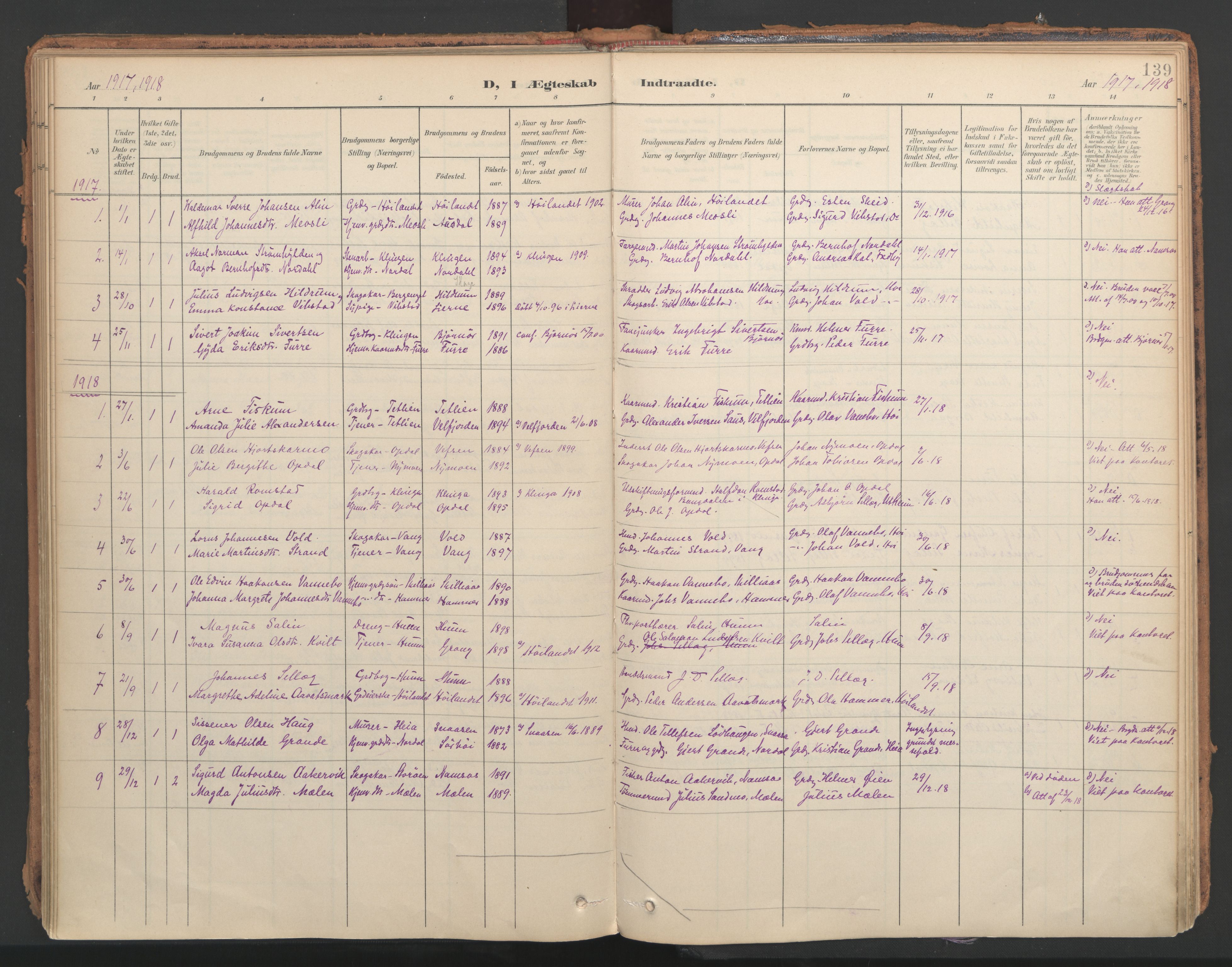 Ministerialprotokoller, klokkerbøker og fødselsregistre - Nord-Trøndelag, AV/SAT-A-1458/766/L0564: Parish register (official) no. 767A02, 1900-1932, p. 139