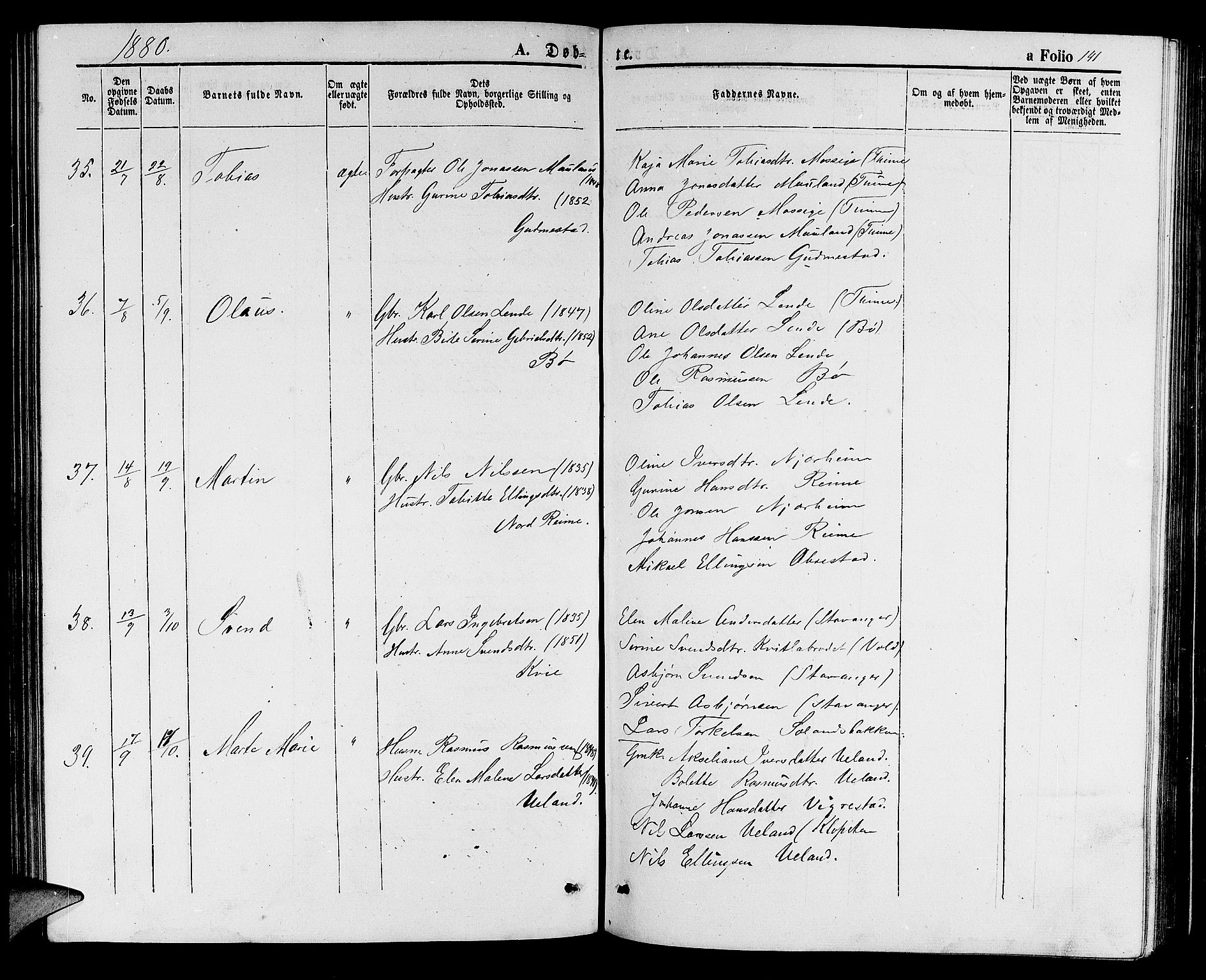 Hå sokneprestkontor, AV/SAST-A-101801/001/30BB/L0001: Parish register (copy) no. B 1, 1854-1883, p. 141