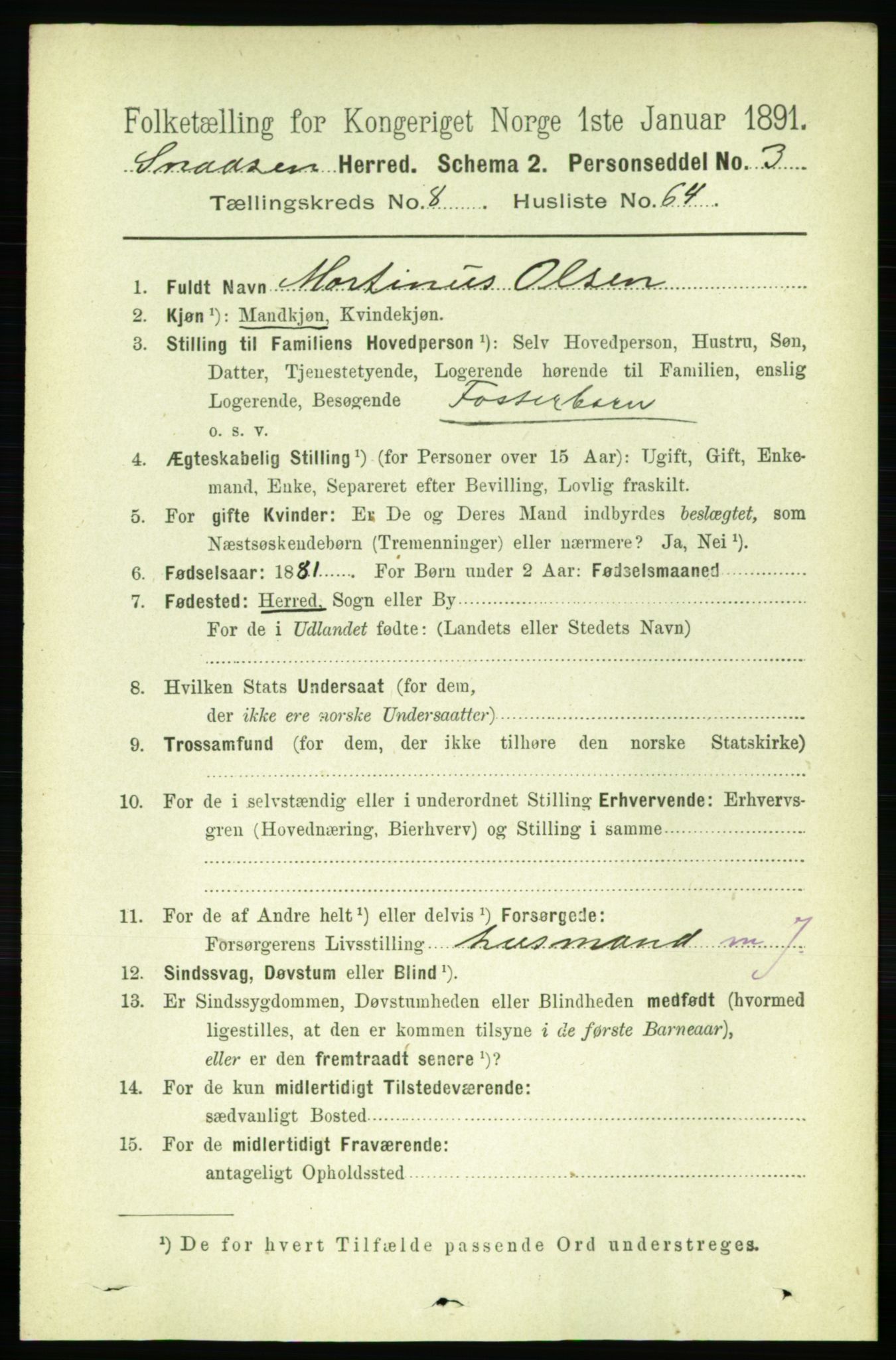 RA, 1891 census for 1736 Snåsa, 1891, p. 3062