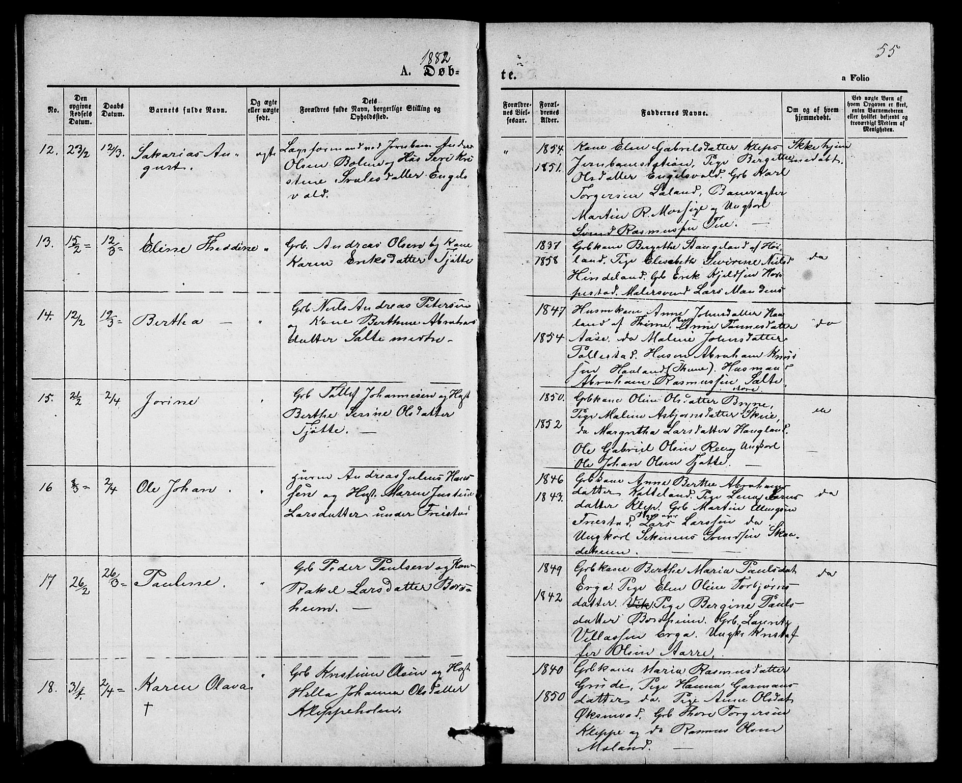 Klepp sokneprestkontor, SAST/A-101803/001/3/30BB/L0003: Parish register (copy) no. B 3, 1876-1888, p. 55