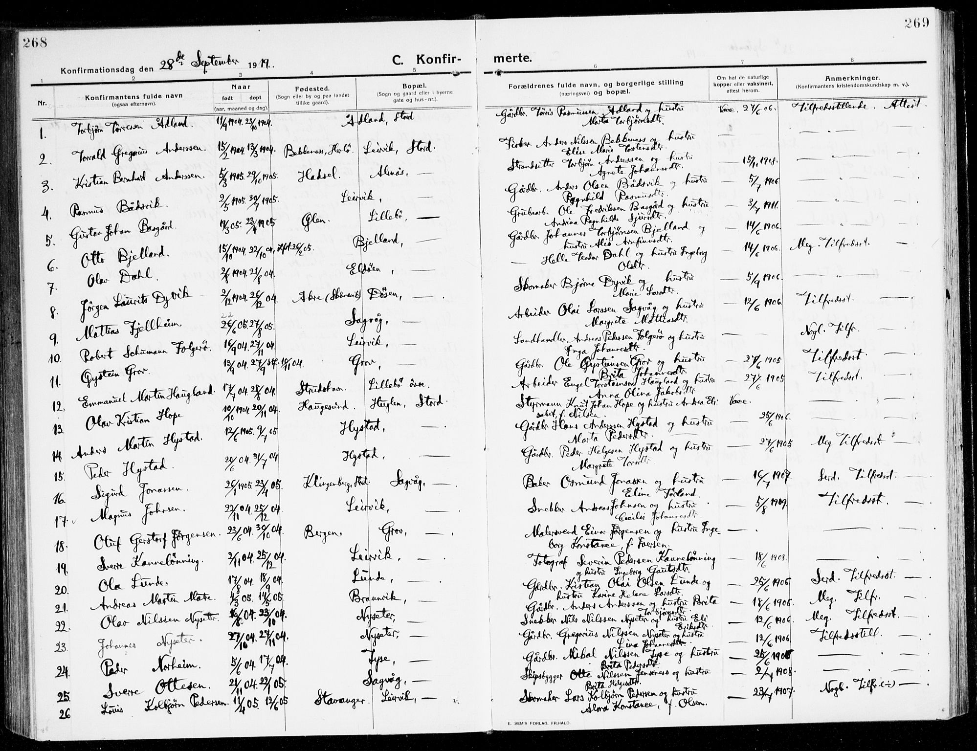 Stord sokneprestembete, AV/SAB-A-78201/H/Haa: Parish register (official) no. B 3, 1913-1925, p. 268-269
