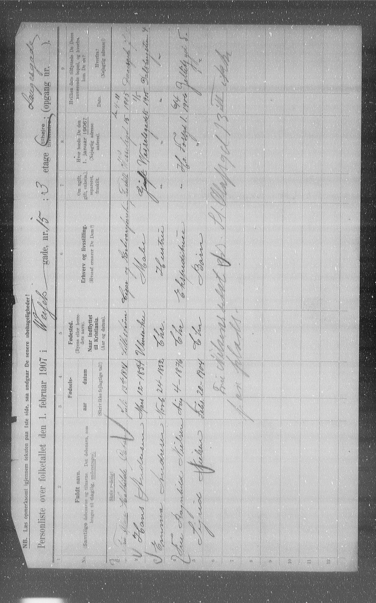 OBA, Municipal Census 1907 for Kristiania, 1907, p. 65172